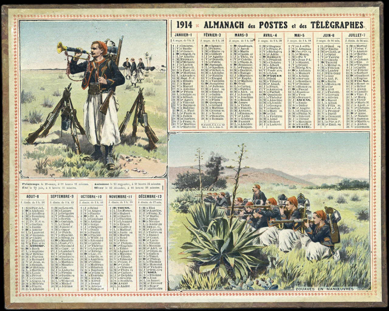 calendrier 1914  ALMANACH des POSTES et des TELEGRAPHES  ZOUAVES EN MANOEUVRES 1914 1993.2.399 Photo