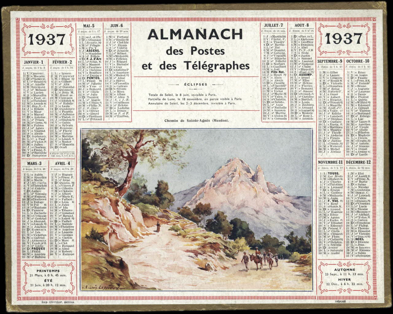 Lessieux E.L. ; François, Charles Oberthür calendrier 1937  ALMANACH  des Postes  et des Télégraphes  Chemin de Sainte-Agnès (Menton). Rennes 1937 1993.2.478 Photo