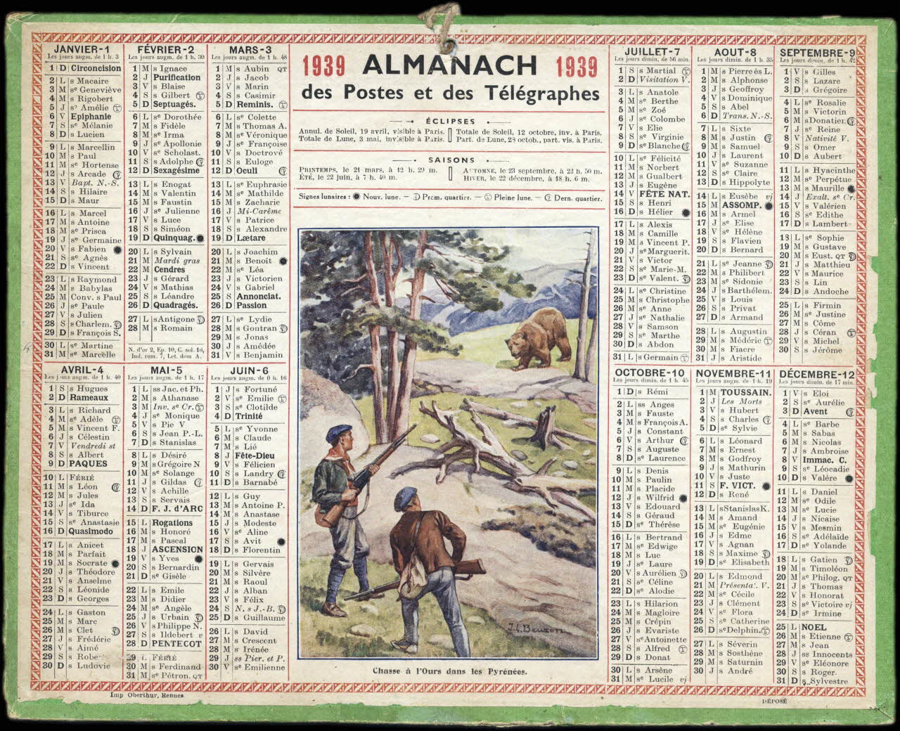 Beuzon Jean Louis ; François, Charles Oberthür calendrier 1939 ALMANACH 1939  des Postes et des Télégraphes  Chasse à l'Ours dans les Pyrénées. Rennes 1939 1993.2.484 Photo