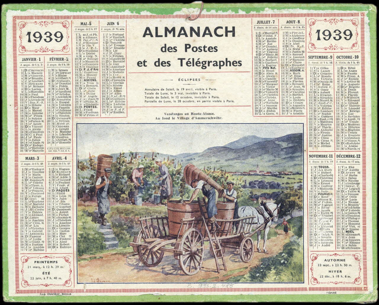 Beuzon Jean Louis ; François, Charles Oberthür calendrier 1939  ALMANACH  des Postes  et des Télégraphes  Vendanges en Haute-Alsace.  Au fond le Village d'Ammerschwihr. Rennes 1939 1993.2.485 Photo