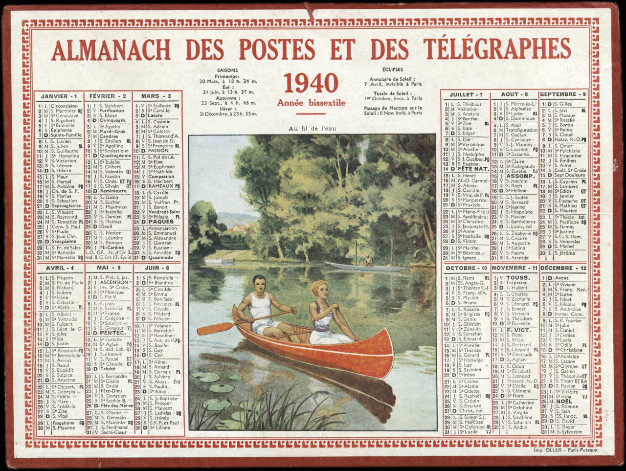 Calendriers Oller calendrier ALMANACH DES POSTES ET DES TELEGRAPHES  1940  Au fil de l'eau Paris 1940 1993.2.488 Photo