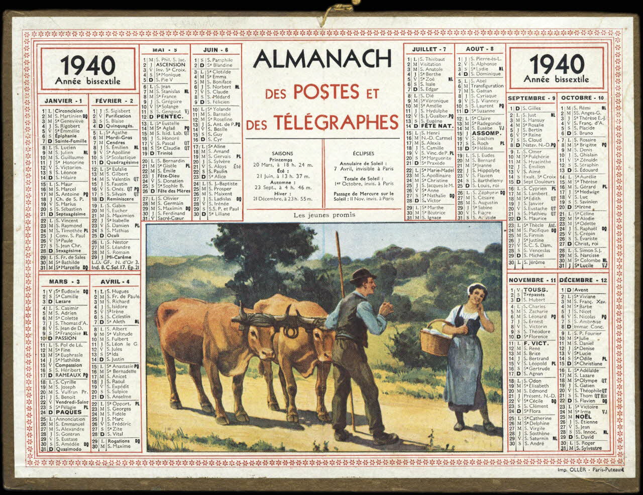Calendriers Oller calendrier 1940  ALMANACH  DES POSTES ET  DES TELEGRAPHES  Les jeunes promis 1940 1993.2.489 Photo