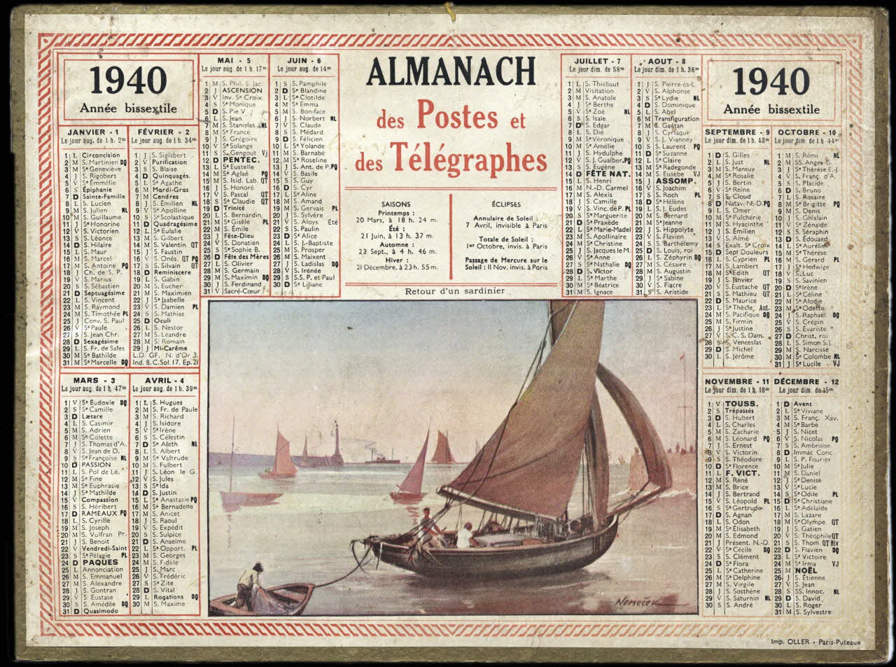 Nemecek ; Calendriers Oller calendrier 1940 Année bissextile  ALMANACH  des Postes et  des Télégraphes  Retour d'un sardinier Paris 1940 1993.2.490 Photo