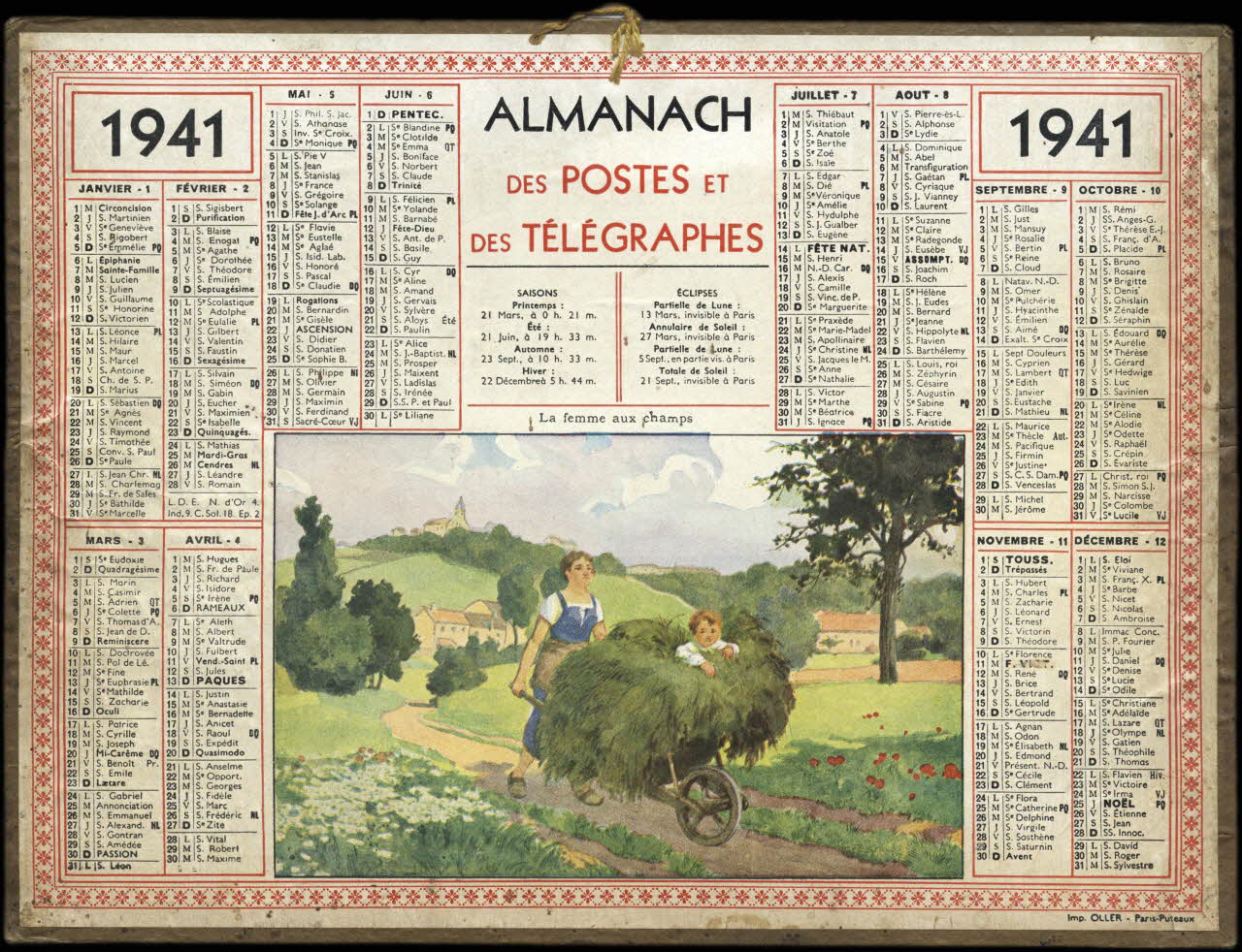 Calendriers Oller calendrier 1941  ALMANACH  DES POSTES et  DES TELEGRAPHES  La femme aux champs 1941 1993.2.492 Photo