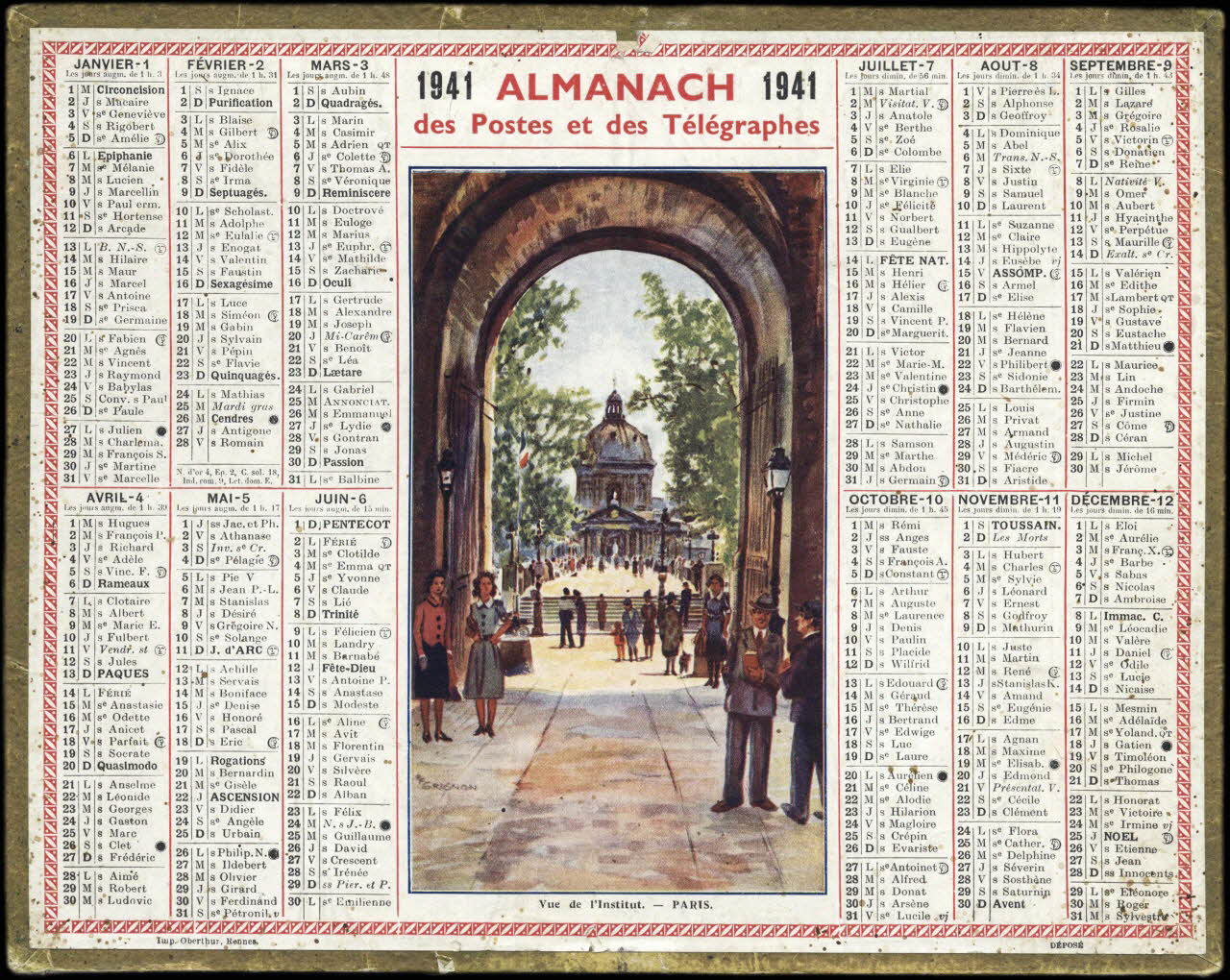 Grignon F.G. ; François, Charles Oberthür calendrier 1941 ALMANACH 1941  des Postes et des Télégraphes  Vue de l'Institut - PARIS. Rennes 1941 1993.2.493 Photo
