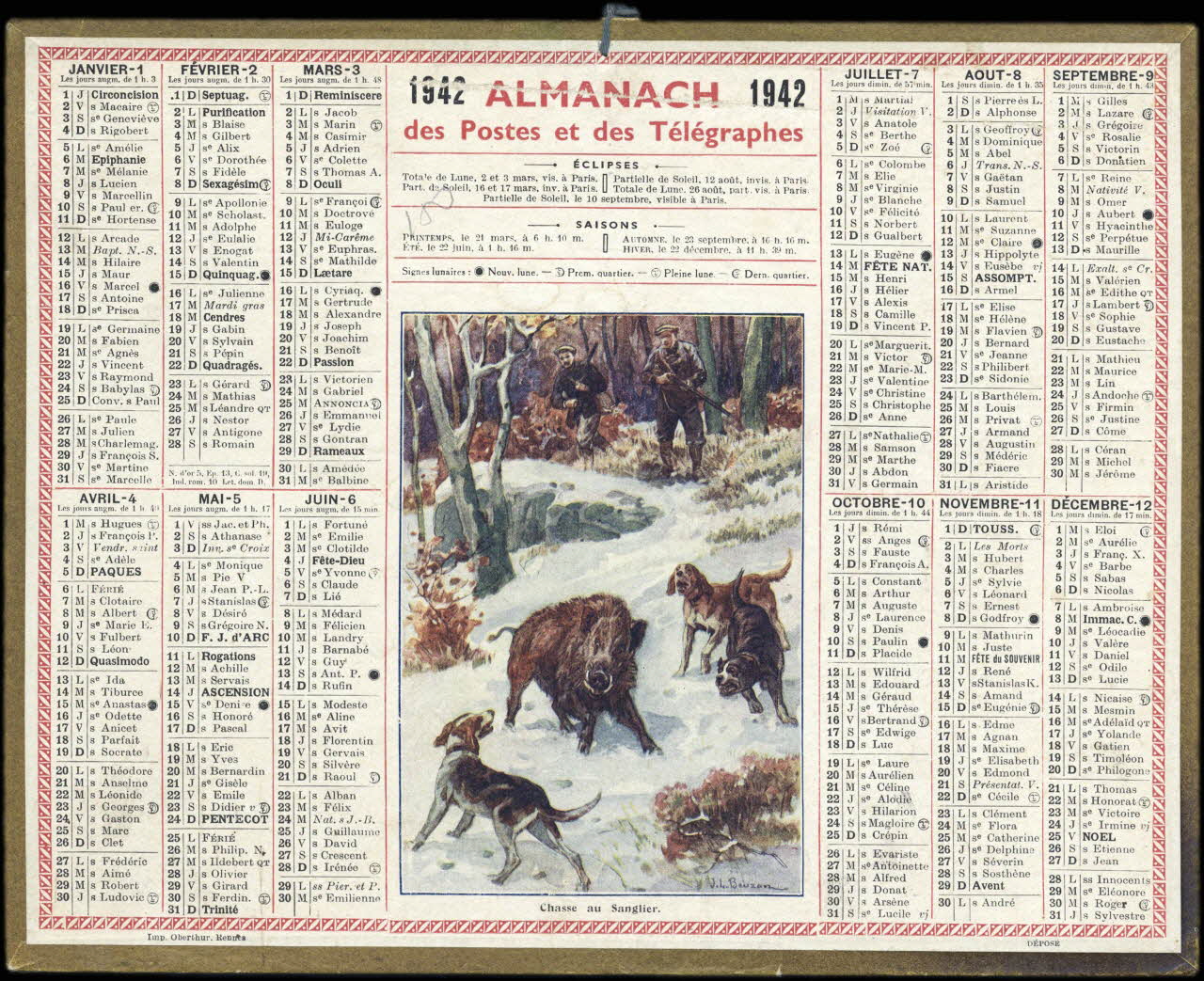 Beuzon Jean Louis ; François, Charles Oberthür calendrier 1942 ALMANACH 1942  des Postes et des Télégraphes  Chasse au Sanglier. Rennes 1942 1993.2.494 Photo