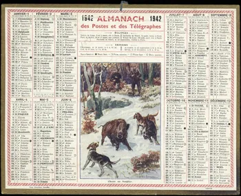 Beuzon Jean Louis ; François, Charles Oberthür calendrier 1942 ALMANACH 1942  des Postes et des Télégraphes  Chasse au Sanglier. Rennes 1942 1993.2.494  Photo