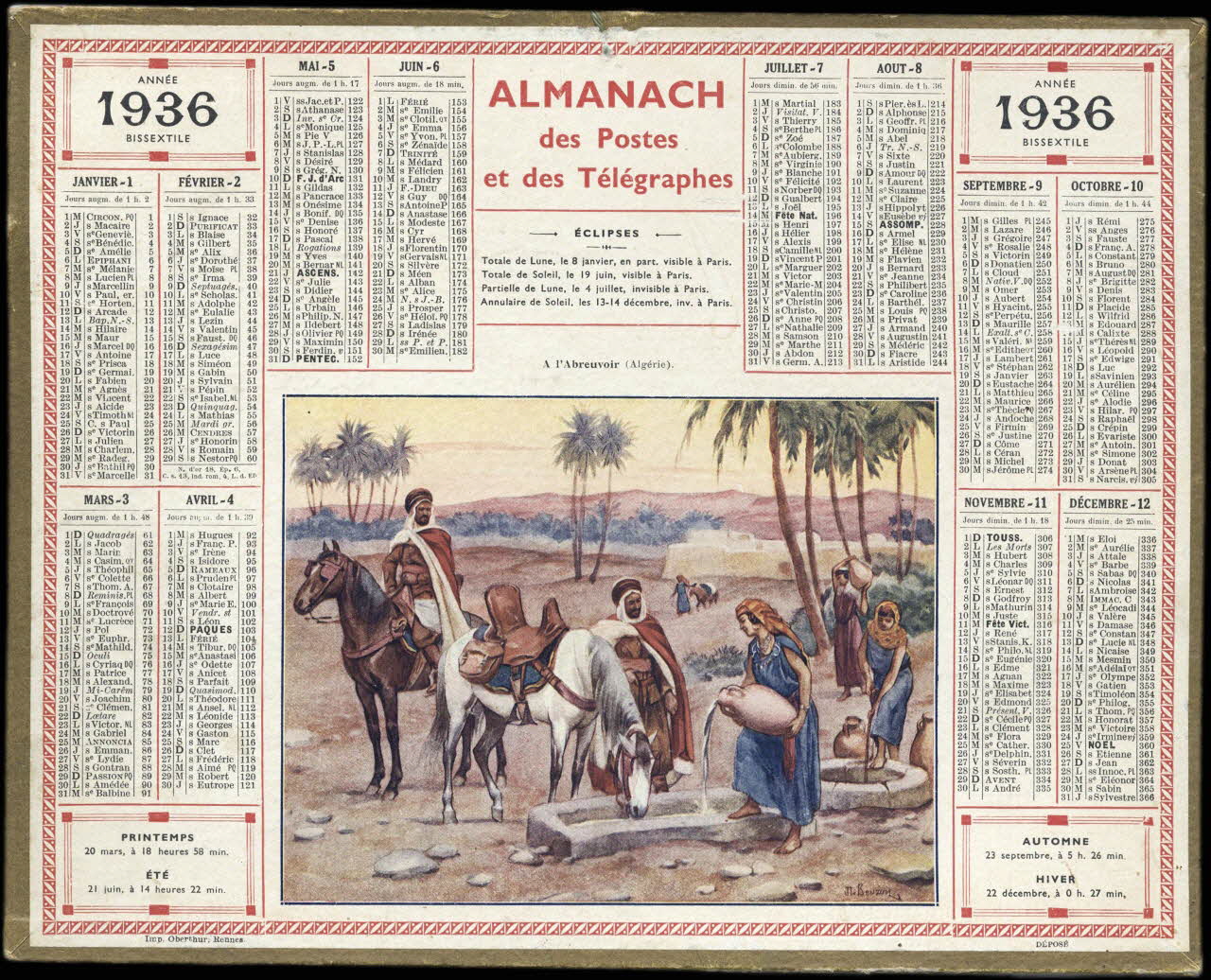 Beuzon Jean Louis ; François, Charles Oberthür calendrier 1936  ALMANACH  des Postes  et des Télégraphes  A l'Abreuvoir (Algérie). 1936 1993.2.474 Photo