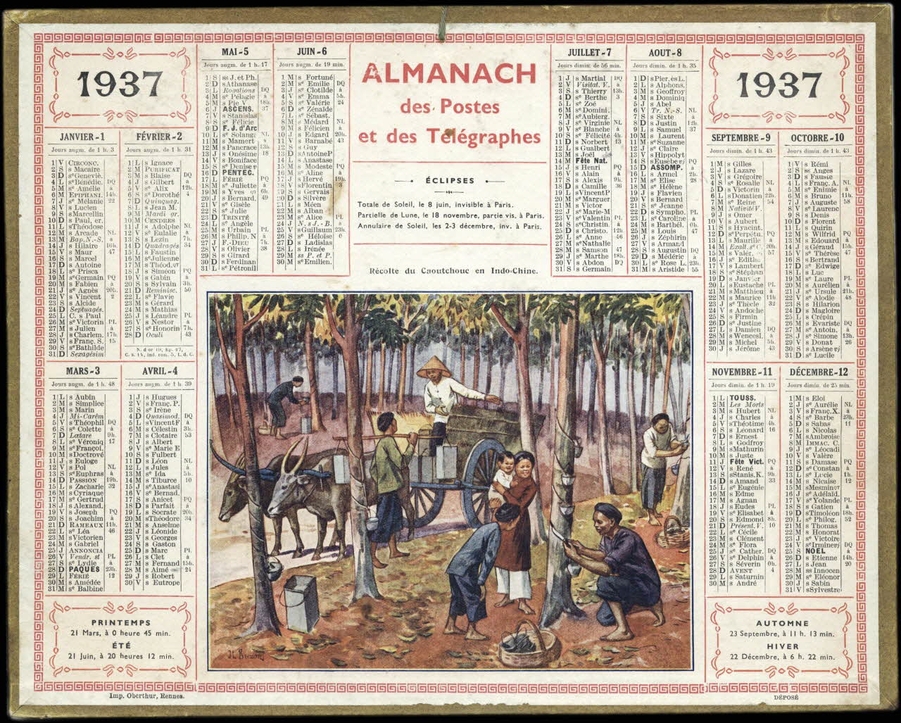 Beuzon Jean Louis ; François, Charles Oberthür calendrier 1937  ALMANACH  des Postes  et des Télégraphes  Récolte du Caoutchouc en Indo-Chine. 1937 1993.2.480 Photo