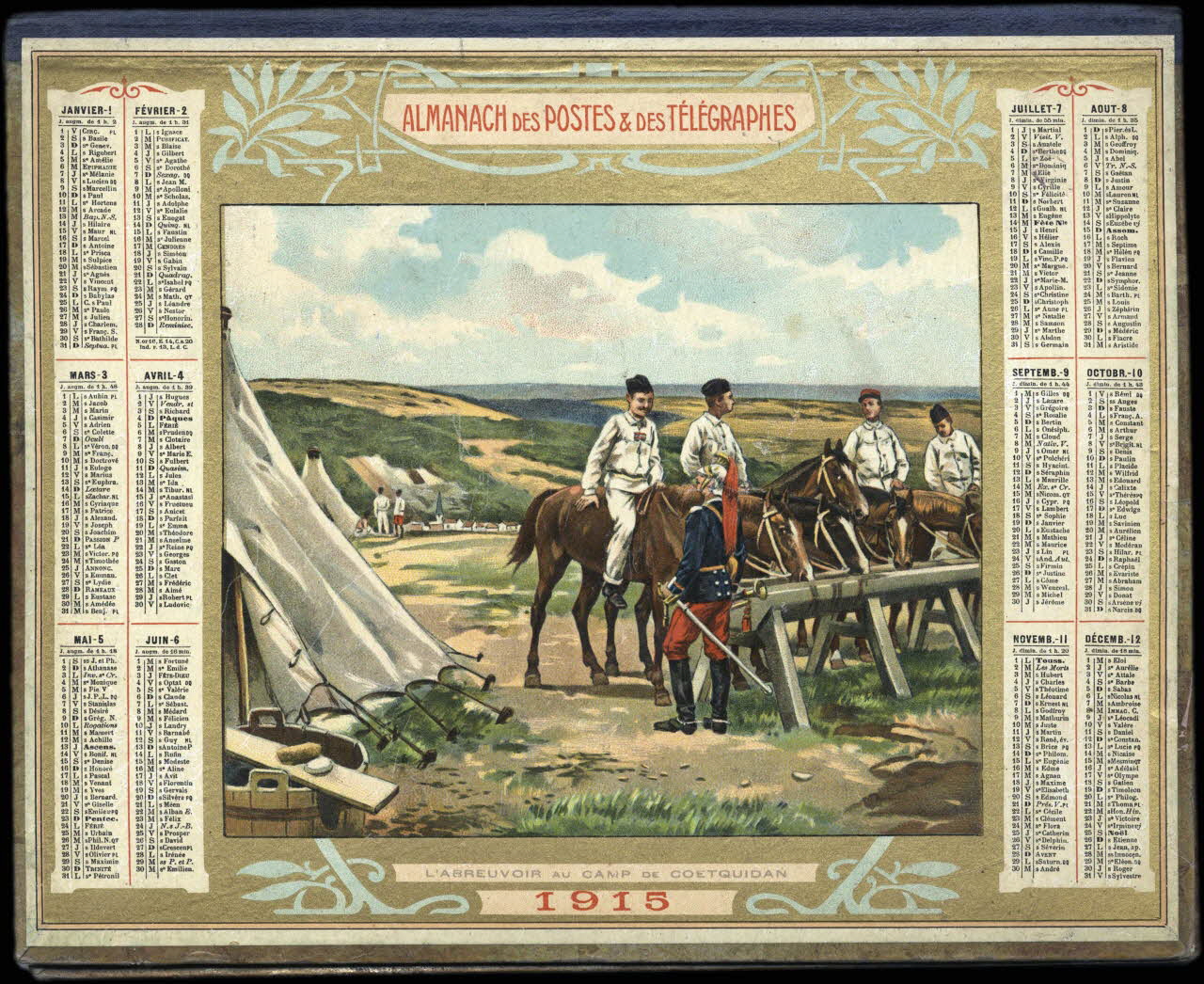 calendrier ALMANACH DES POSTES & DES TELEGRAPHES  L'ABREUVOIR AU CAMP DE COETQUIDAN  1915 1915 1993.2.401 Photo