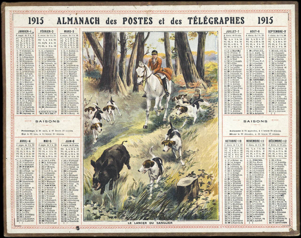 calendrier 1915  ALMANACH des POSTES et des TELEGRAPHES  LE LANCER DU SANGLIER 1915 1993.2.402 Photo