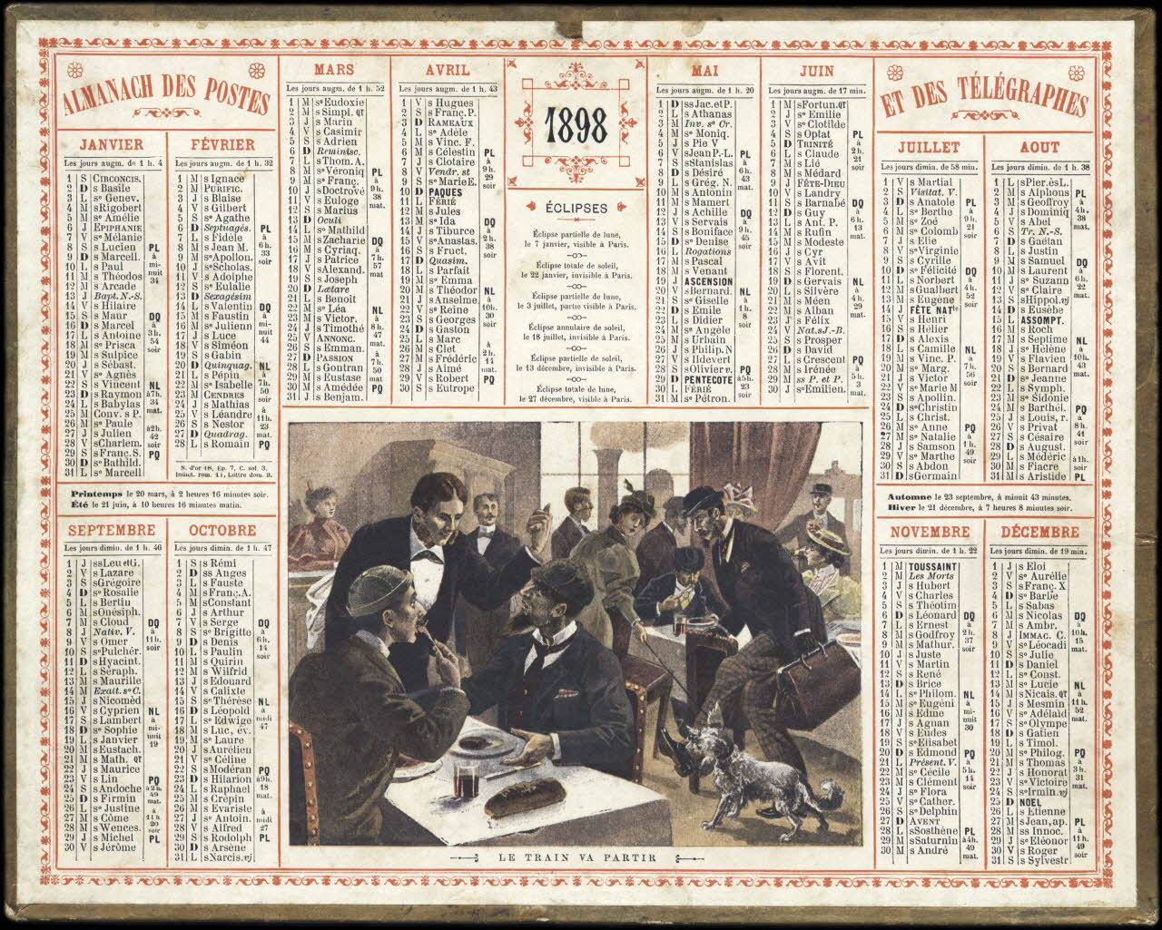 François, Charles Oberthür calendrier ALMANACH DES POSTES  ET DES TELEGRAPHES  1898  LE TRAIN VA PARTIR Rennes 1898 1993.2.353 Photo