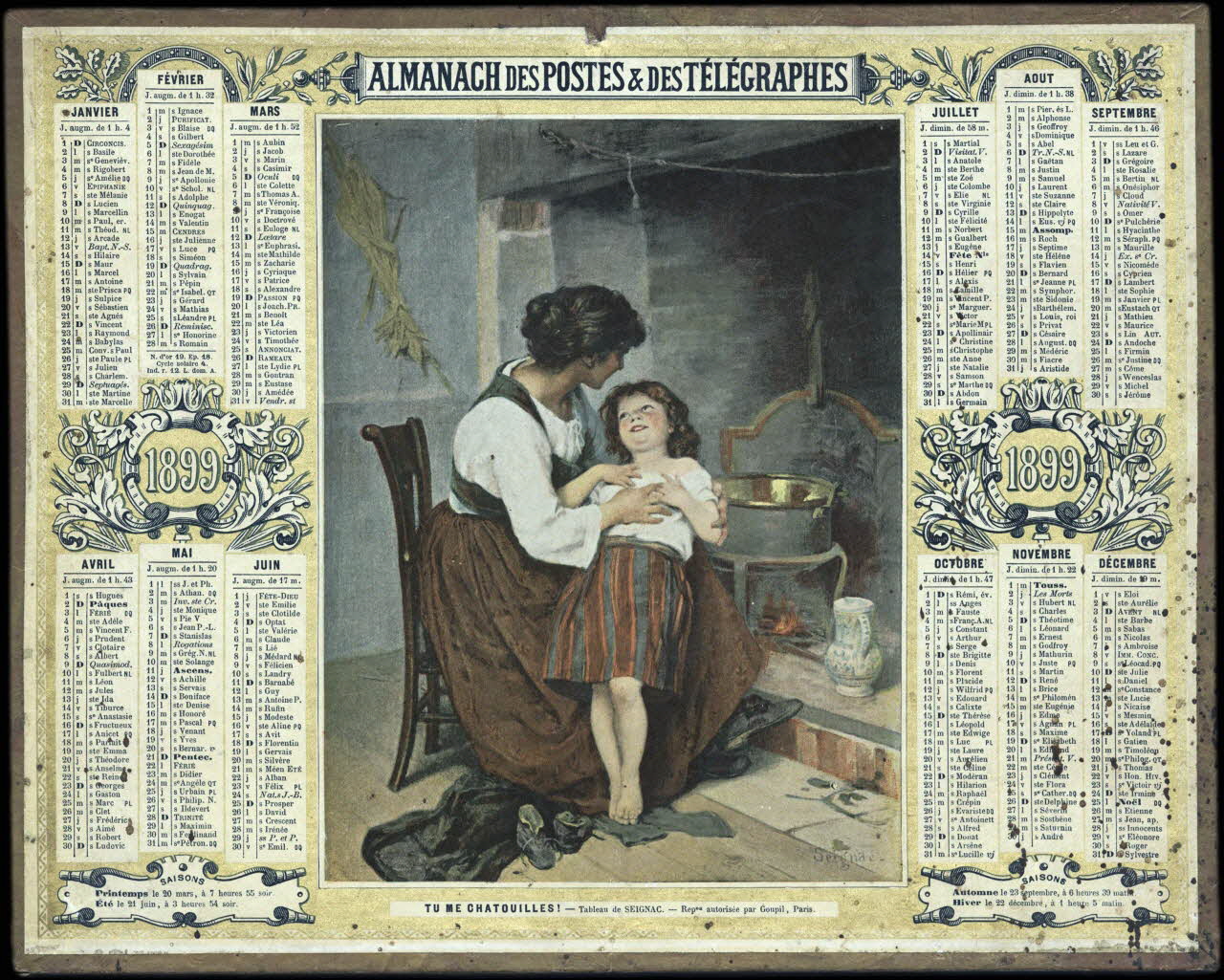Seignac ; François, Charles Oberthür calendrier 1899  ALMANACH DES POSTES & DES TELEGRAPHES  TU ME CHATOUILLES! Rennes 1899 1993.2.356 Photo