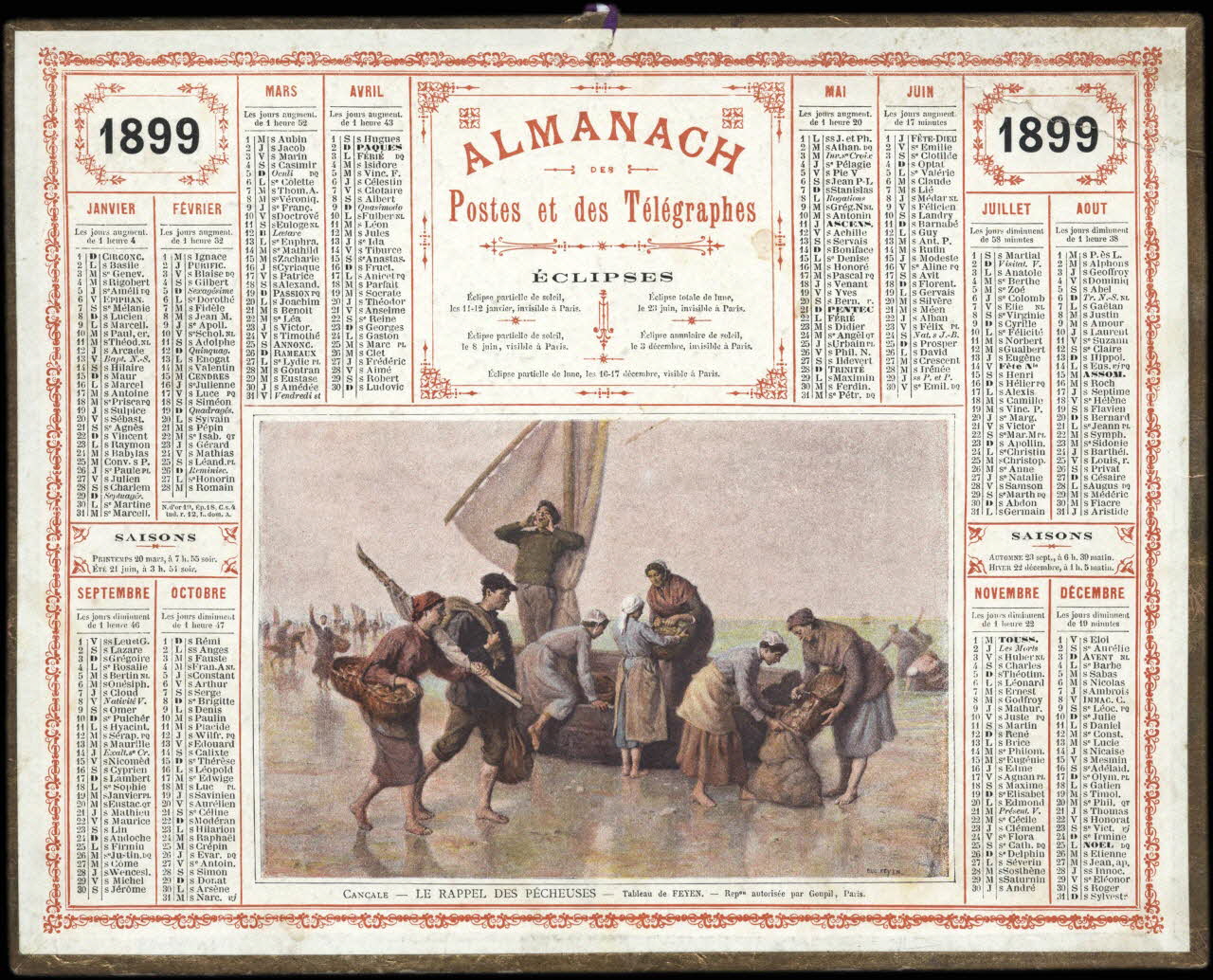 Feyen E. ; François, Charles Oberthür calendrier 1899  ALMANACH  1899  DES  Postes et  des Télégraphes  CANCALE - LE RAPPEL DES PÊCHEUSES Rennes 1899 1993.2.357 Photo