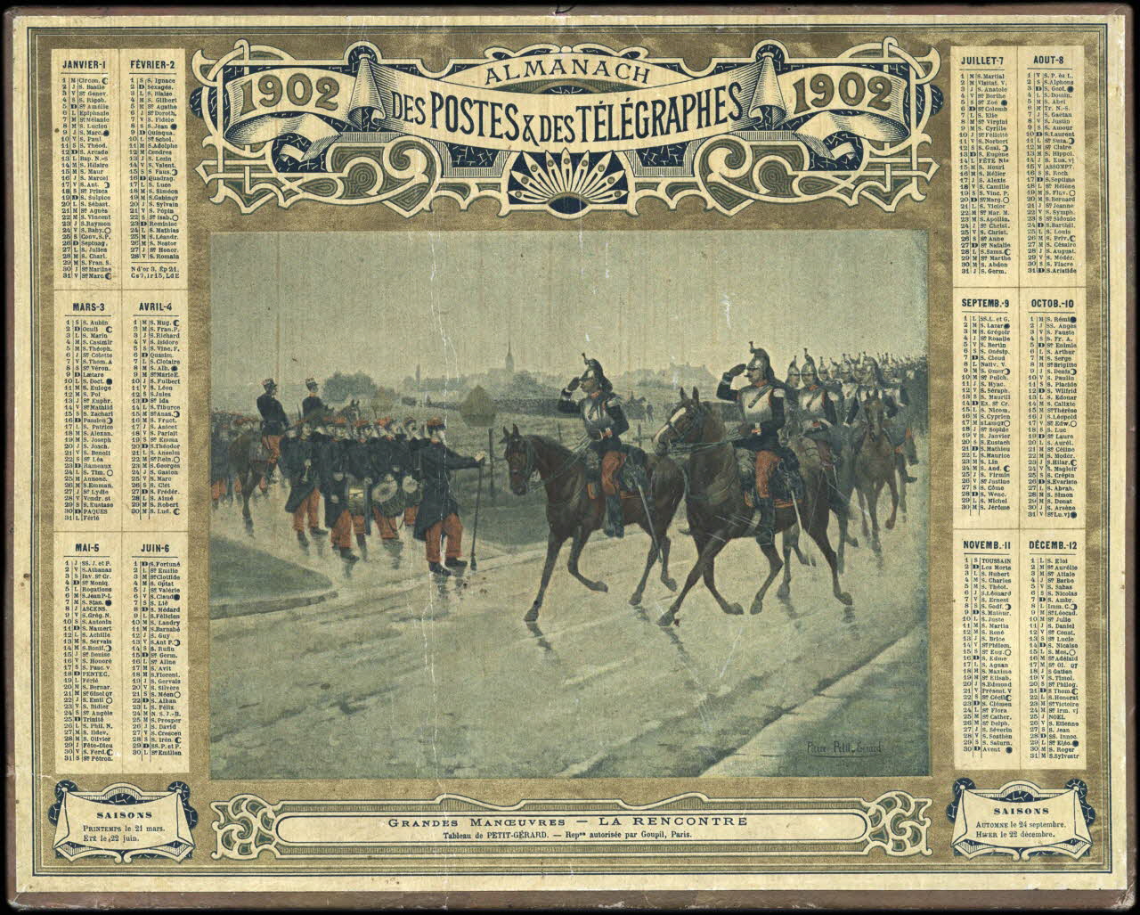 Petit-Gérard Pierre ; François, Charles Oberthür calendrier 1902  ALMANACH  DES POSTES & DES TELEGRAPHES  1902  GRANDES MANOEUVRES - LA RENCONTRE 1902 1993.2.362 Photo