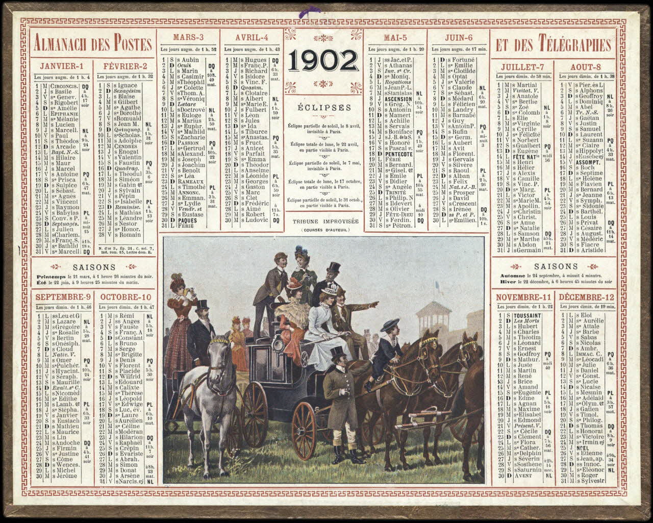 François, Charles Oberthür calendrier ALMANACH DES POSTES  ET DES TELEGRAPHES  1902  TRIBUNE IMPROVISEE  (COURSES D'AUTEUIL) Rennes 1902 1993.2.364 Photo