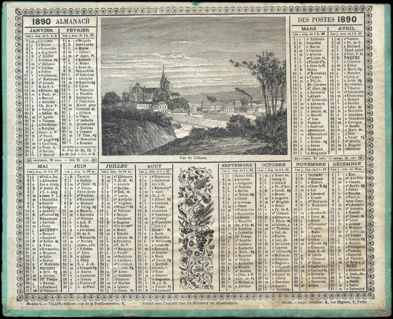 Vilain calendrier ALMANACH  DES POSTES 1890  Vue de Lisieux. Paris 1890 1993.2.330 Photo