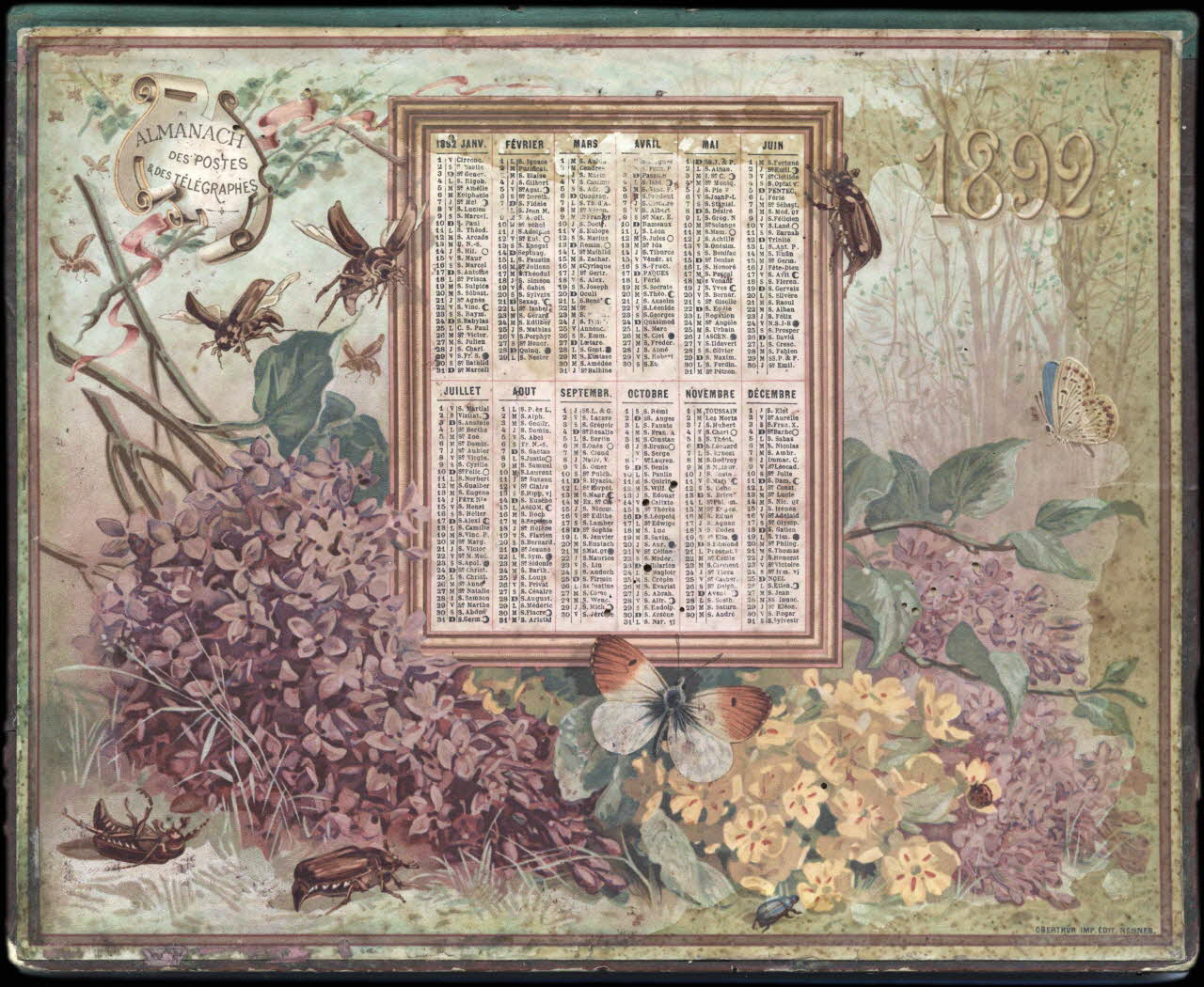 François, Charles Oberthür calendrier ALMANACH  DES POSTES  & DES TELEGRAPHES  1892 Rennes 1892 1993.2.336 Photo
