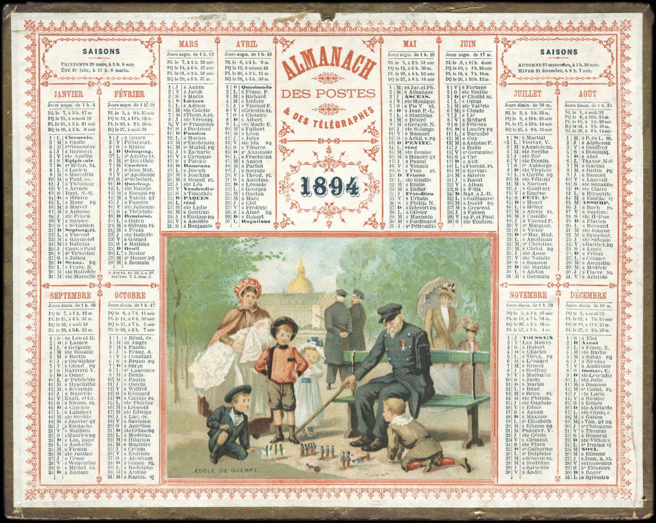 François, Charles Oberthür calendrier ALMANACH  DES POSTES  & DES TELEGRAPHES  1894  ECOLE DE GUERRE Rennes 1894 1993.2.340 Photo