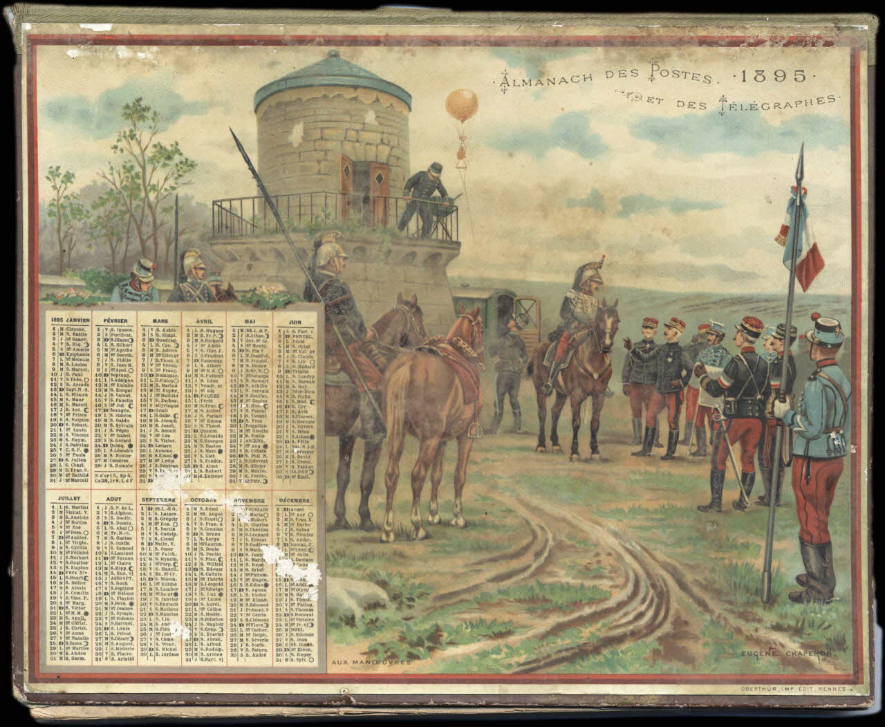 Eugène Chaperon ; François, Charles Oberthür calendrier ALMANACH DES POSTES  1895  ET DES TELEGRAPHES  AUX MANOEUVRES Rennes 1895 1993.2.342 Photo