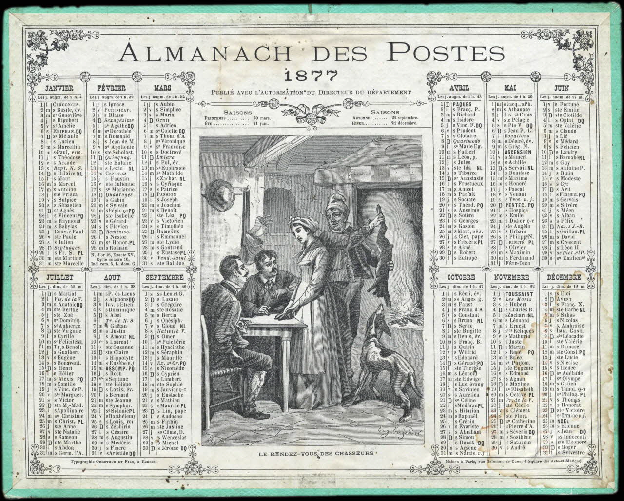 Ensfelder Eugène ; Lévy ; François, Charles Oberthür calendrier ALMANACH DES POSTES  1877  LE RENDEZ-VOUS DES CHASSEURS Rennes 1877 1993.2.306 Photo