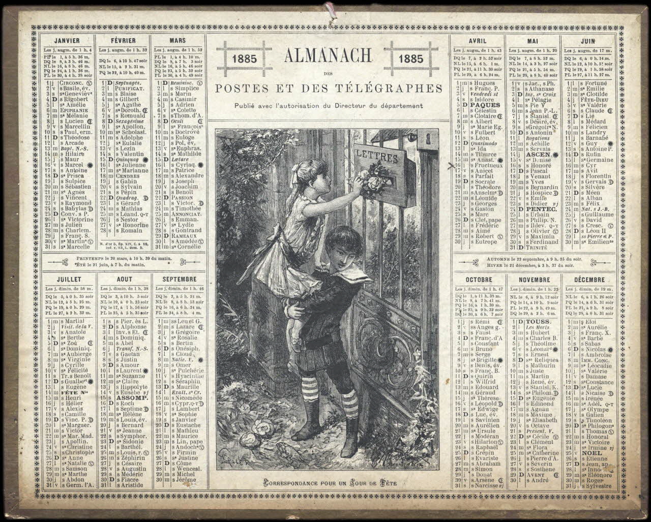 Gerlier ; François, Charles Oberthür calendrier ALMANACH  DES  POSTES ET DES TELEGRAPHES  1885  CORRESPONDANCE POUR UN JOUR DE FETE Rennes 1885 1993.2.314 Photo
