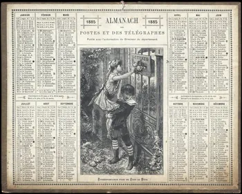 Gerlier ; François, Charles Oberthür calendrier ALMANACH  DES  POSTES ET DES TELEGRAPHES  1885  CORRESPONDANCE POUR UN JOUR DE FETE Rennes 1885 1993.2.314 Photo