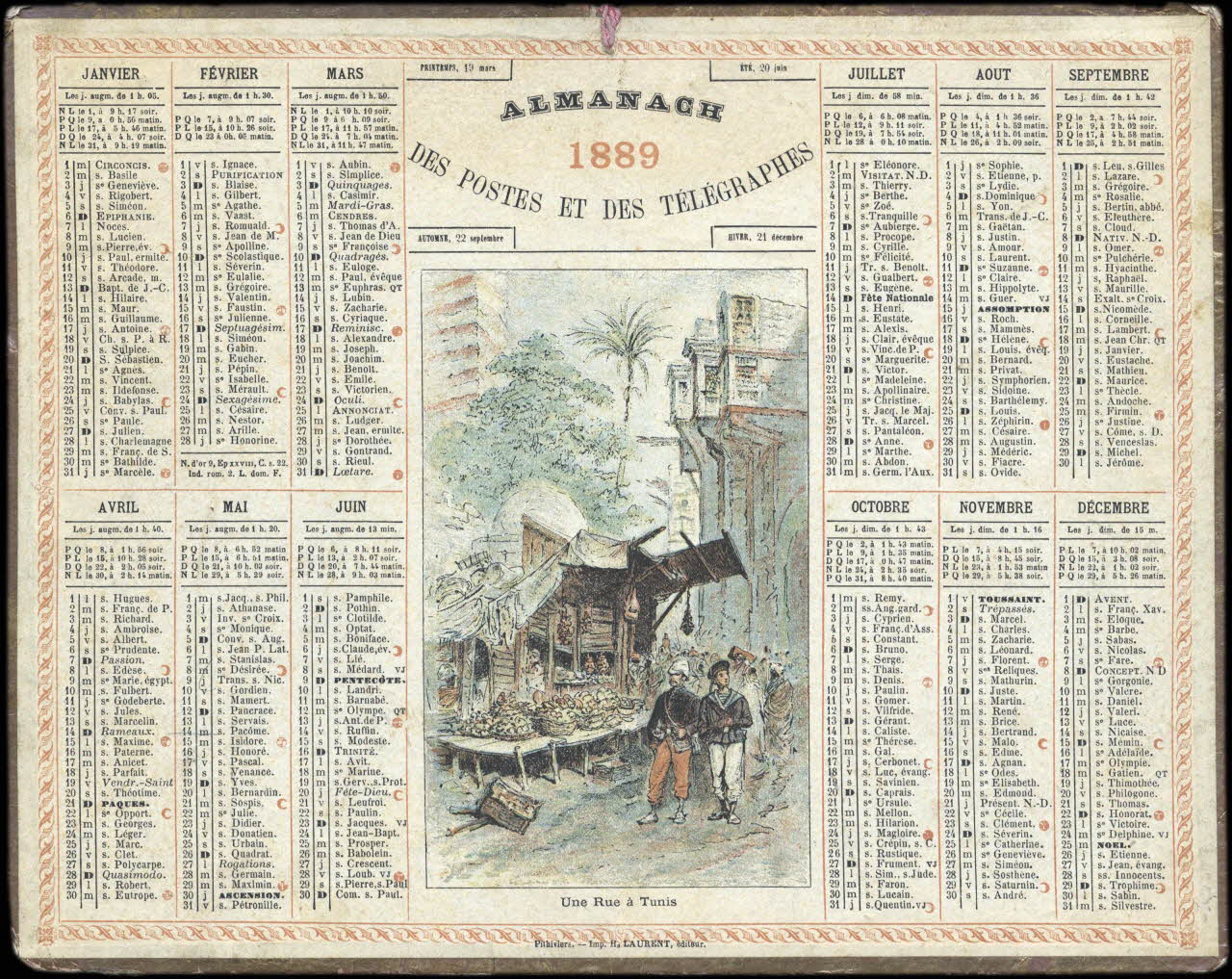 Laurent calendrier ALMANACH  1889  DES POSTES ET DES TELEGRAPHES  Une Rue à Tunis Pithiviers 1889 1993.2.323 Photo