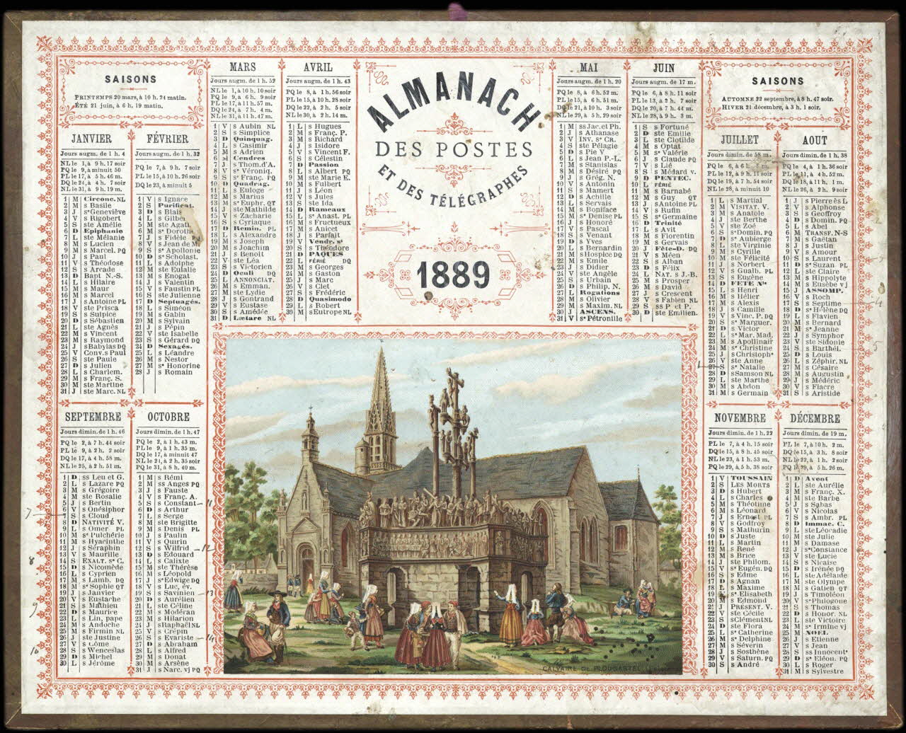 François, Charles Oberthür calendrier ALMANACH  DES POSTES  ET DES TELEGRAPHES  1889  CALVAIRE DE PLOUGASTEL 1889 1993.2.324 Photo