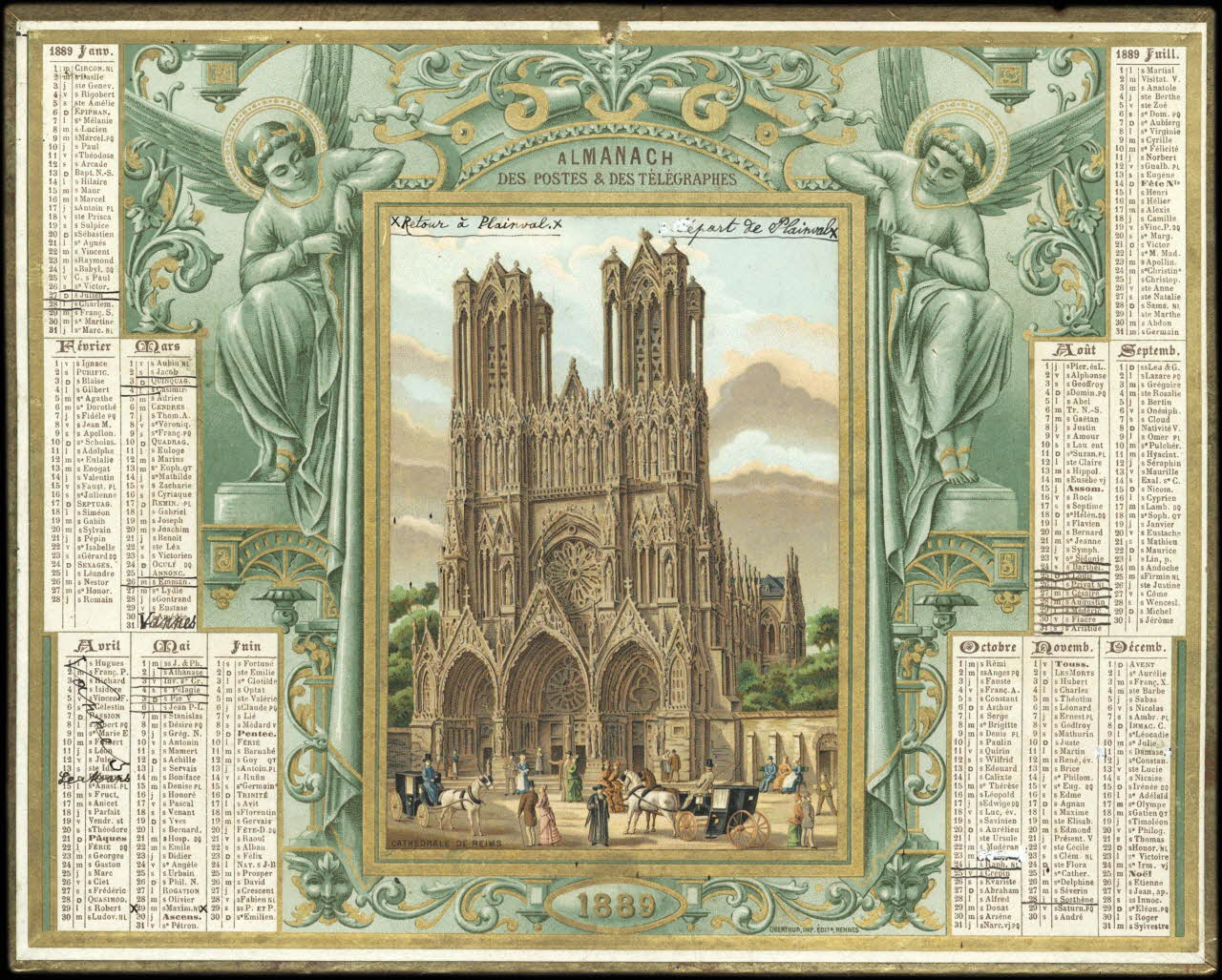 François, Charles Oberthür calendrier ALMANACH DES POSTES ET DES TELEGRAPHES  CATHEDRALE DE REIMS  1889 Rennes 1889 1993.2.326 Photo