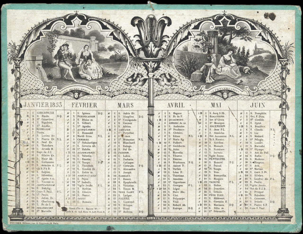 Foucher calendrier Almanach de l'année 1853 avec quatre scènes de style troubadour Paris 1853 1993.2.280 Photo