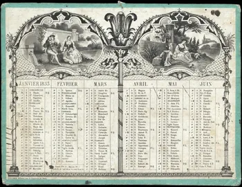 Foucher calendrier Almanach de l'année 1853 avec quatre scènes de style troubadour Paris 1853 1993.2.280 Photo