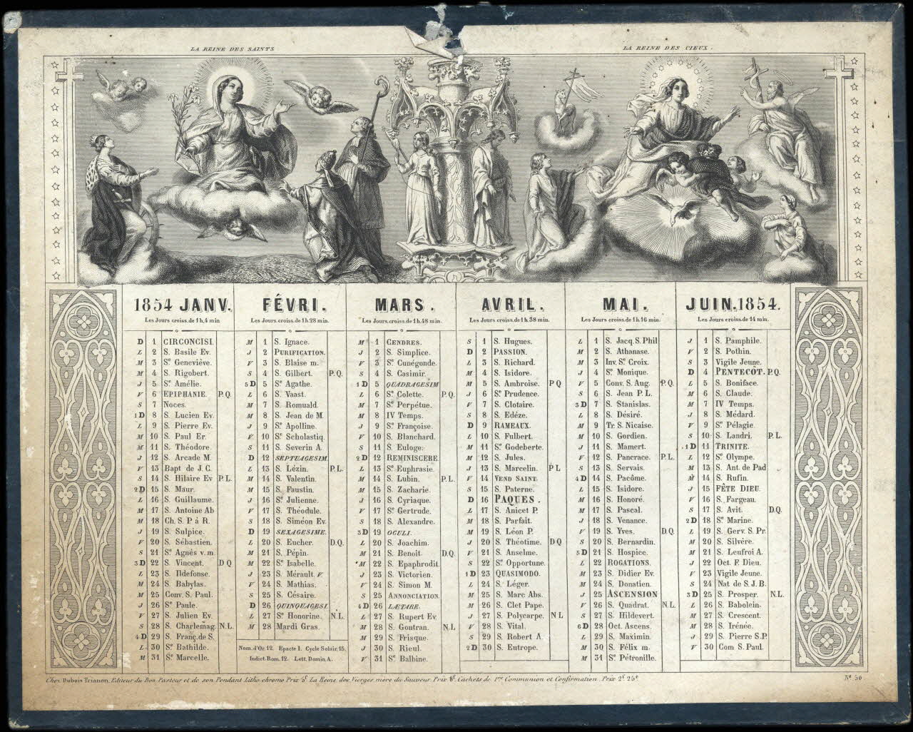 Dubois-Trianon calendrier Almanach religieux de l'année 1854 avec quatre représentations de la Vierge sur une nuée Paris 1854 1993.2.281 Photo