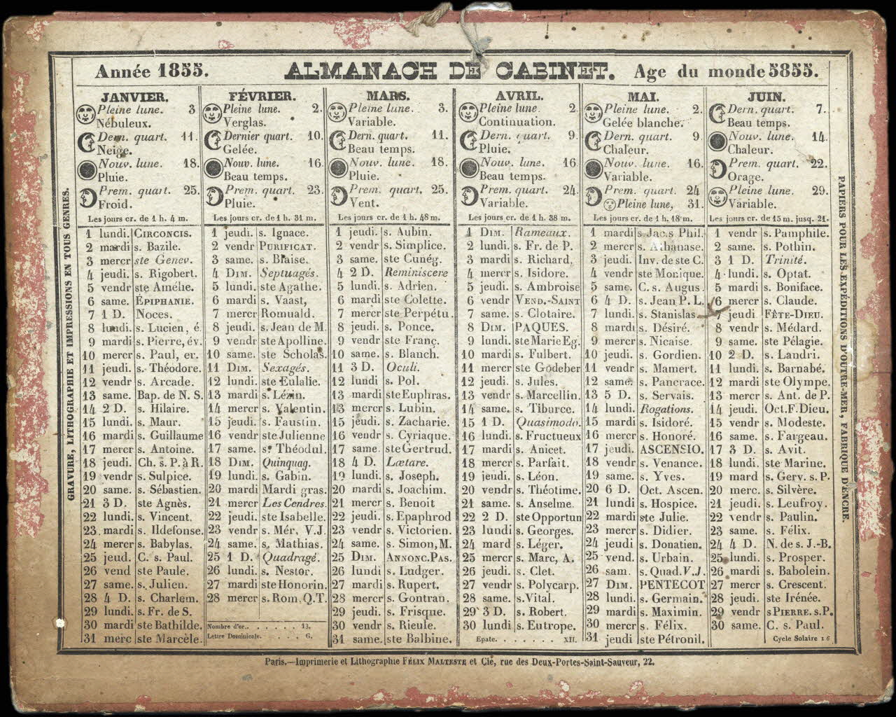Malteste Félix ; Delaporte calendrier Année 1855. ALMANACH DE CABINET. Age du monde 5855. Paris 1855 1993.2.282 Photo
