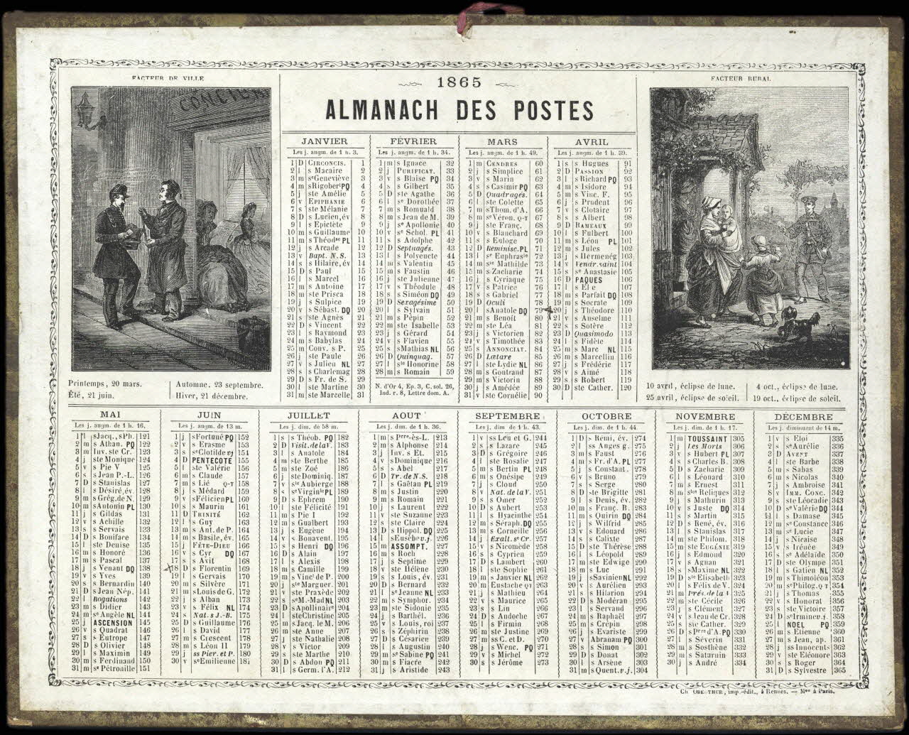 François, Charles Oberthür calendrier 1865  ALMANACH DES POSTES Rennes 1865 1993.2.292 Photo