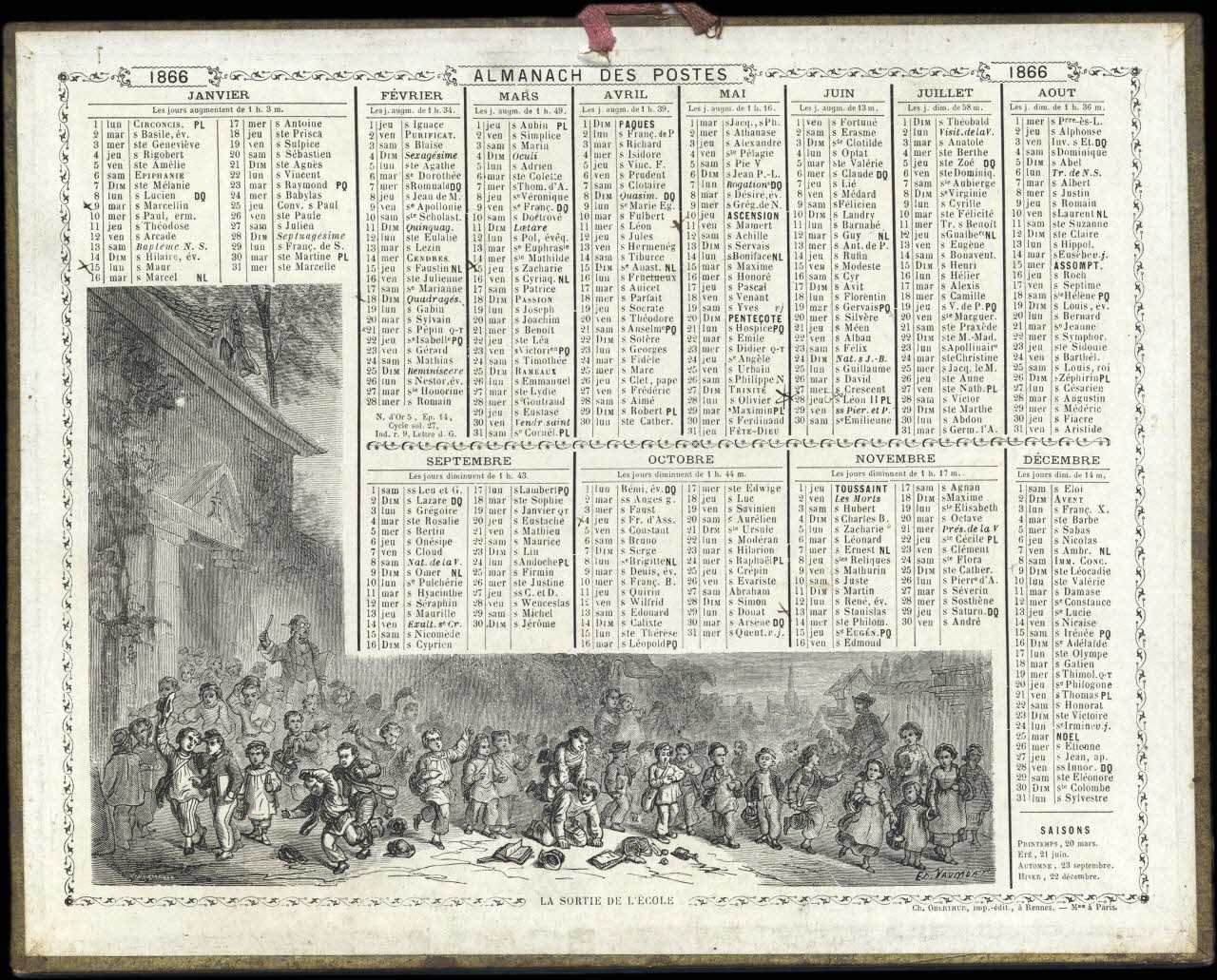 Vaumort E. ; François, Charles Oberthür calendrier 1866  ALMANACH DES POSTES  LA SORTIE DE L'ECOLE Rennes 1866 1993.2.293 Photo