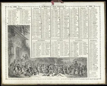 Vaumort E. ; François, Charles Oberthür calendrier 1866  ALMANACH DES POSTES  LA SORTIE DE L'ECOLE Rennes 1866 1993.2.293  Photo