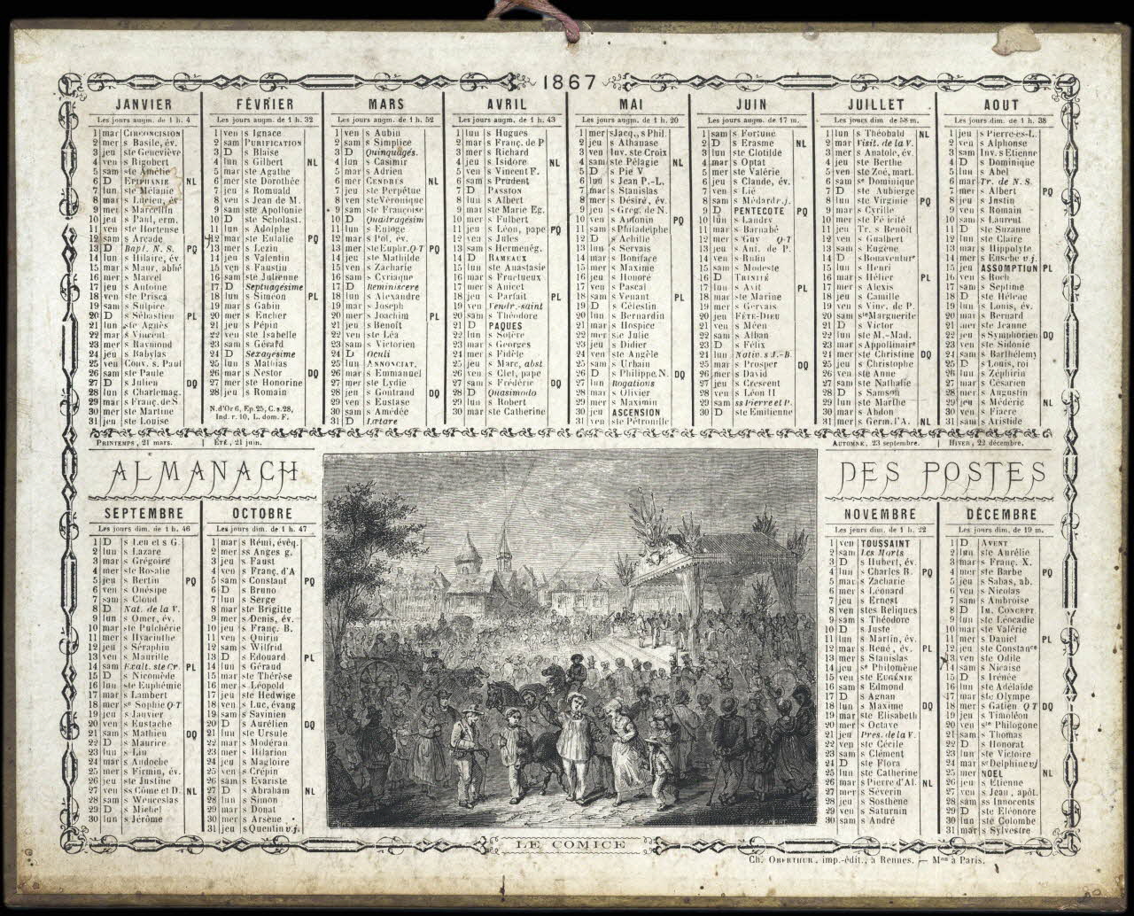 Vaumort E. ; François, Charles Oberthür calendrier ALMANACH  DES POSTES  LE COMICE Rennes 1867 1993.2.294 Photo