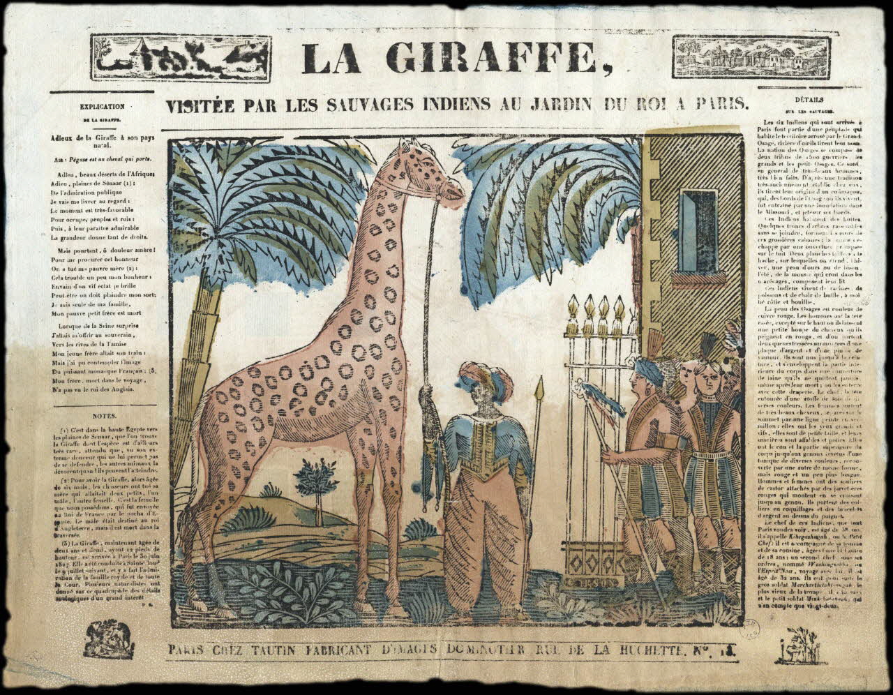 Garson ; Tautin imagerie ancienne LA GIRAFFE,  VISITEE PAR LES SAUVAGES INDIENS AU JARDIN DU ROI A PARIS. (sic) Ile-de-France, France 1827-1830 1995.14.90 Photo Mucem