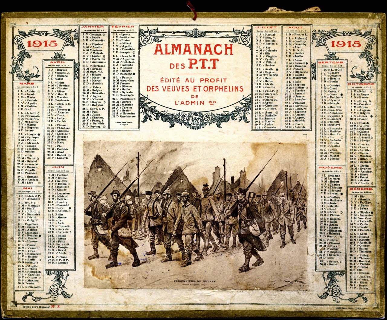 Georges Scott ; Edition de l'orphelinat ; Mazerand calendrier ALMANACH  des P.T.T  EDITE AU PROFIT  DES VEUVES ET DES ORPHELINS  DE  L'ADMINON-  1915 1914 1979.2.38 Photo
