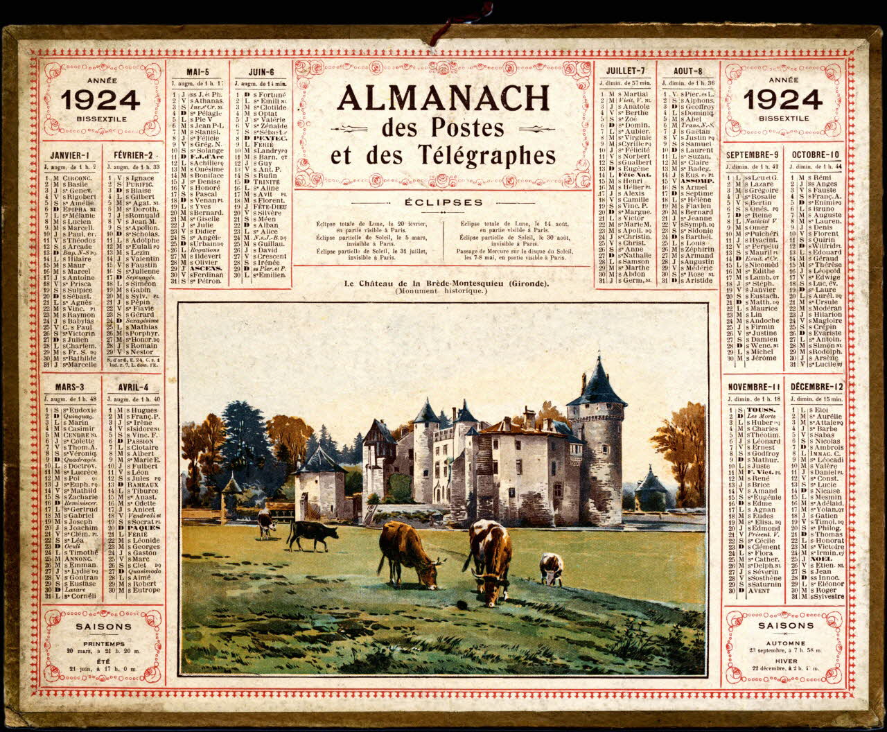 François, Charles Oberthür calendrier ALMANACH  des Postes  et des Télégraphes  ANNEE  1924  BISSEXTILE Rennes 1923 1979.2.49 Photo