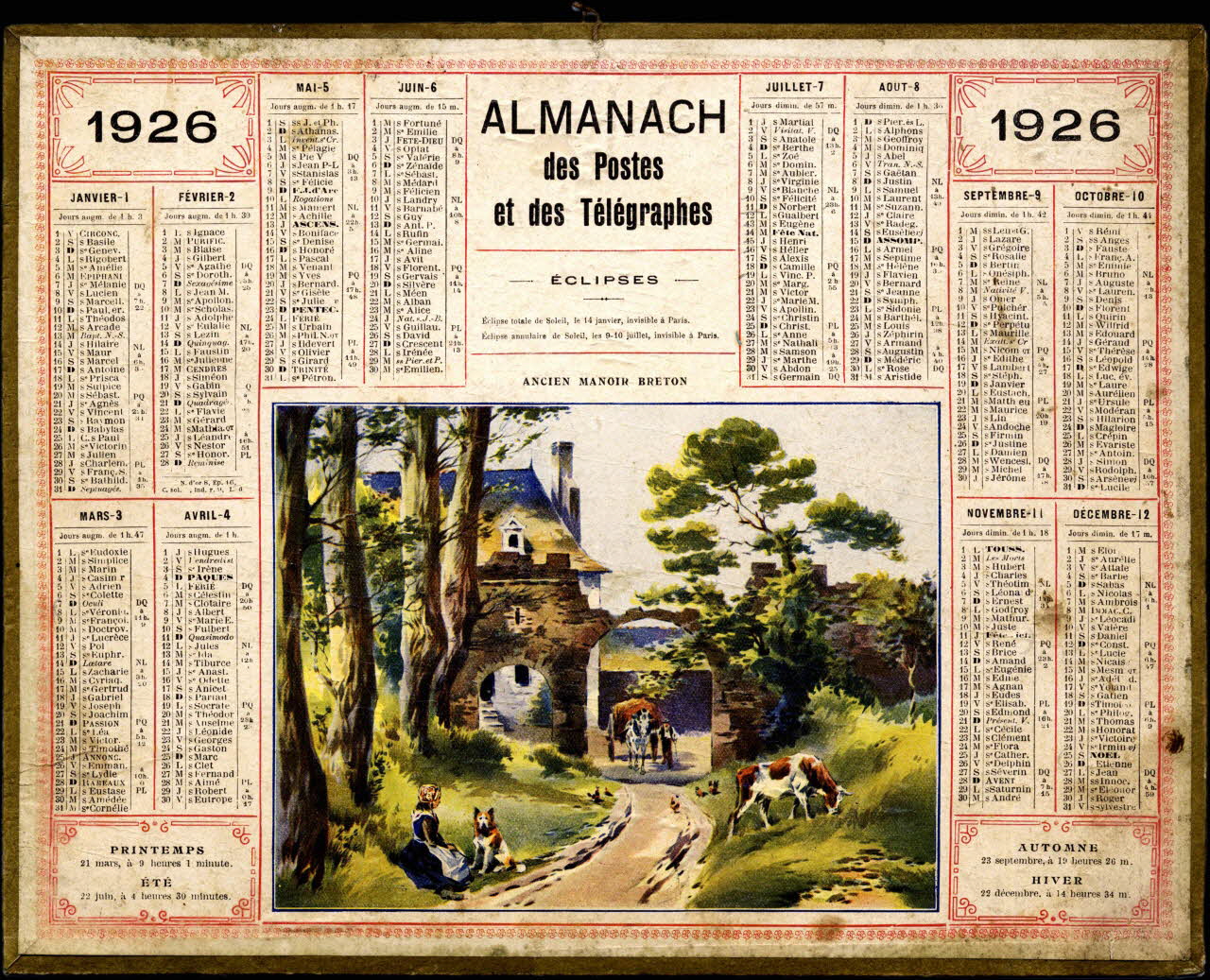 François, Charles Oberthür calendrier ALMANACH  des Postes  et des Télégraphes  1926 Rennes 1925 1979.2.51 Photo