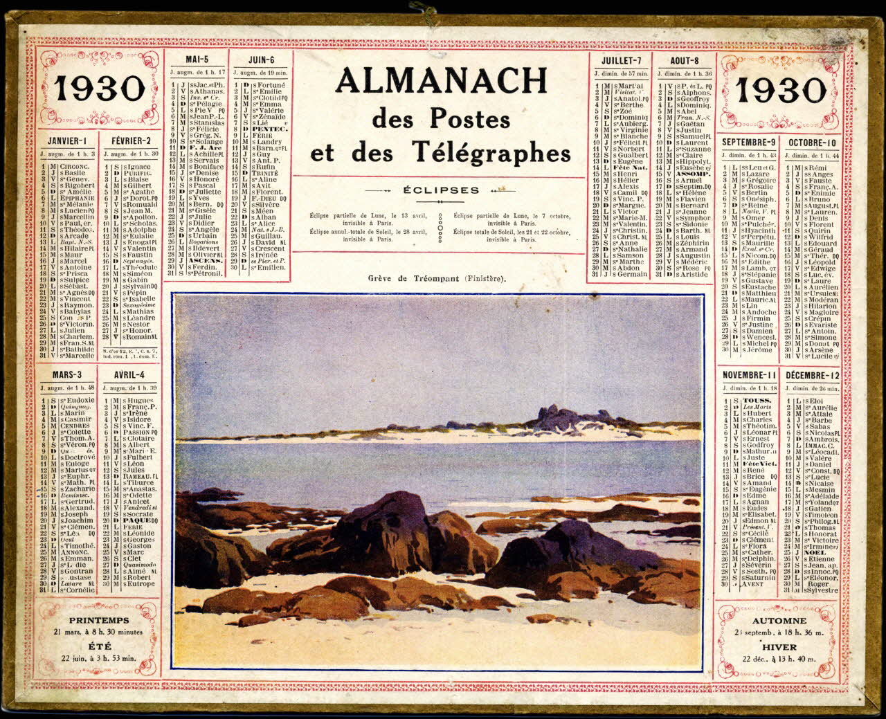 François, Charles Oberthür calendrier ALMANACH  des Postes  et des Télégraphes  1930 Rennes 1929 1979.2.56 Photo