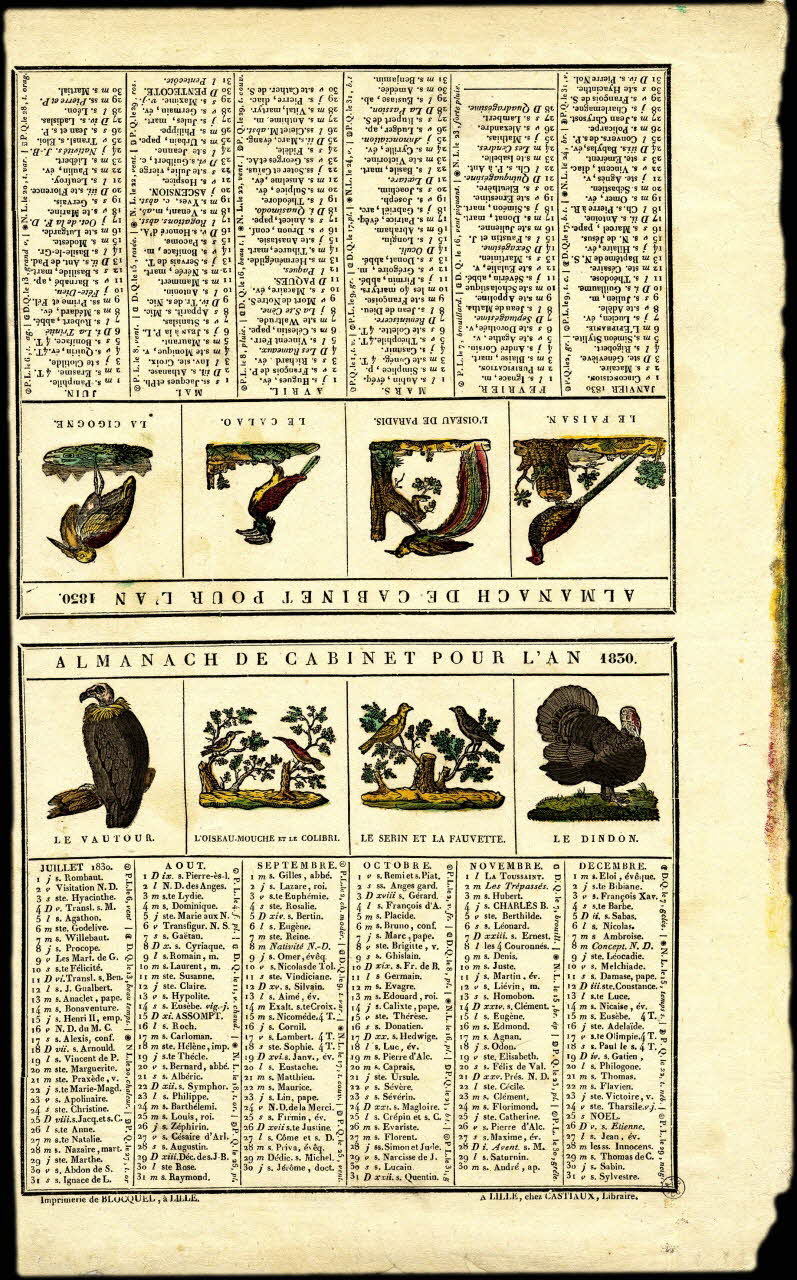 Jean-Baptiste Castiaux ; Simon-François Blocquel imagerie ancienne ALMANACH DE CABINET POUR L'AN 1830. Lille 1829 1953.12.69 Photo