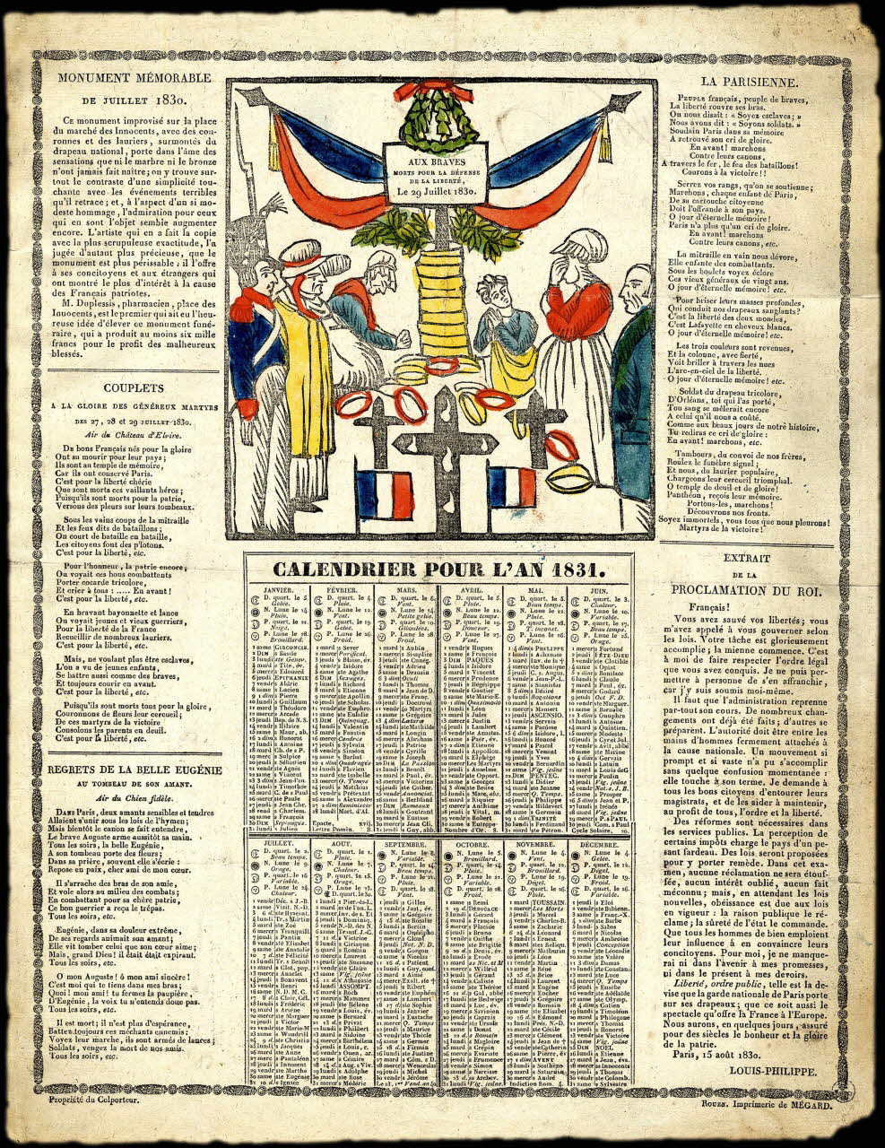 Mégard Jean-Baptiste-Pierre-Sébastien imagerie ancienne CALENDRIER POUR L'AN 1831. Rouen 1830 1951.30.29 Photo