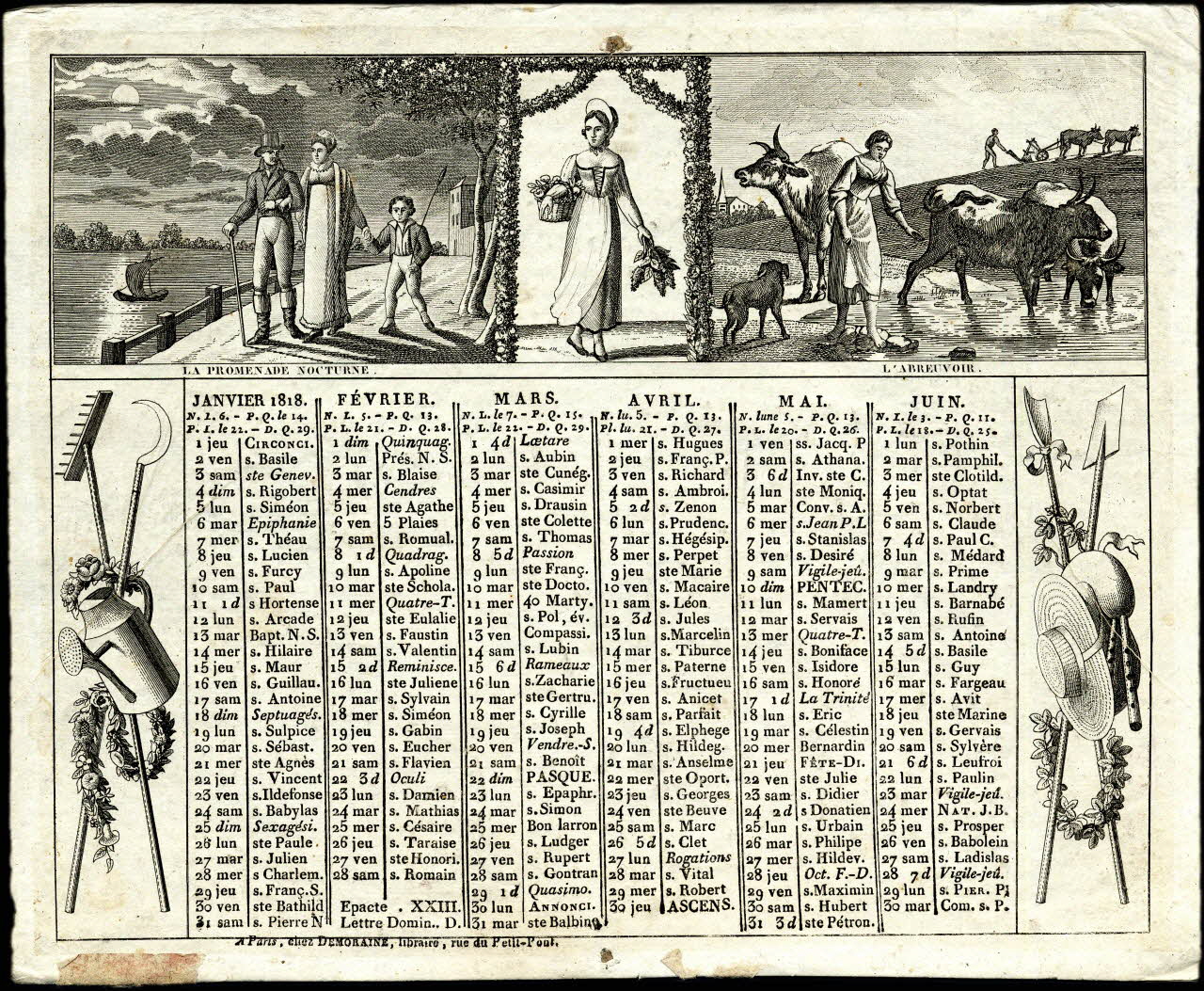 Demoraine ; Poulet imagerie ancienne Almanach de cabinet avec scènes champêtres et instruments de jardinage de 1818 Paris 1817 1993.2.251 Photo
