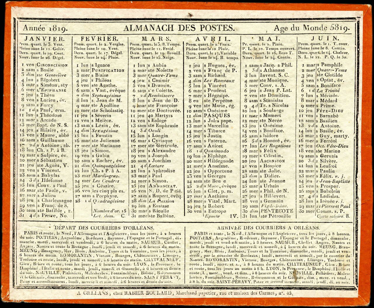 Michel Rabier-Boulard imagerie ancienne Année 1819. ALMANACH DES POSTES. Age du Monde 5819. Orléans 1818 1993.2.252 Photo