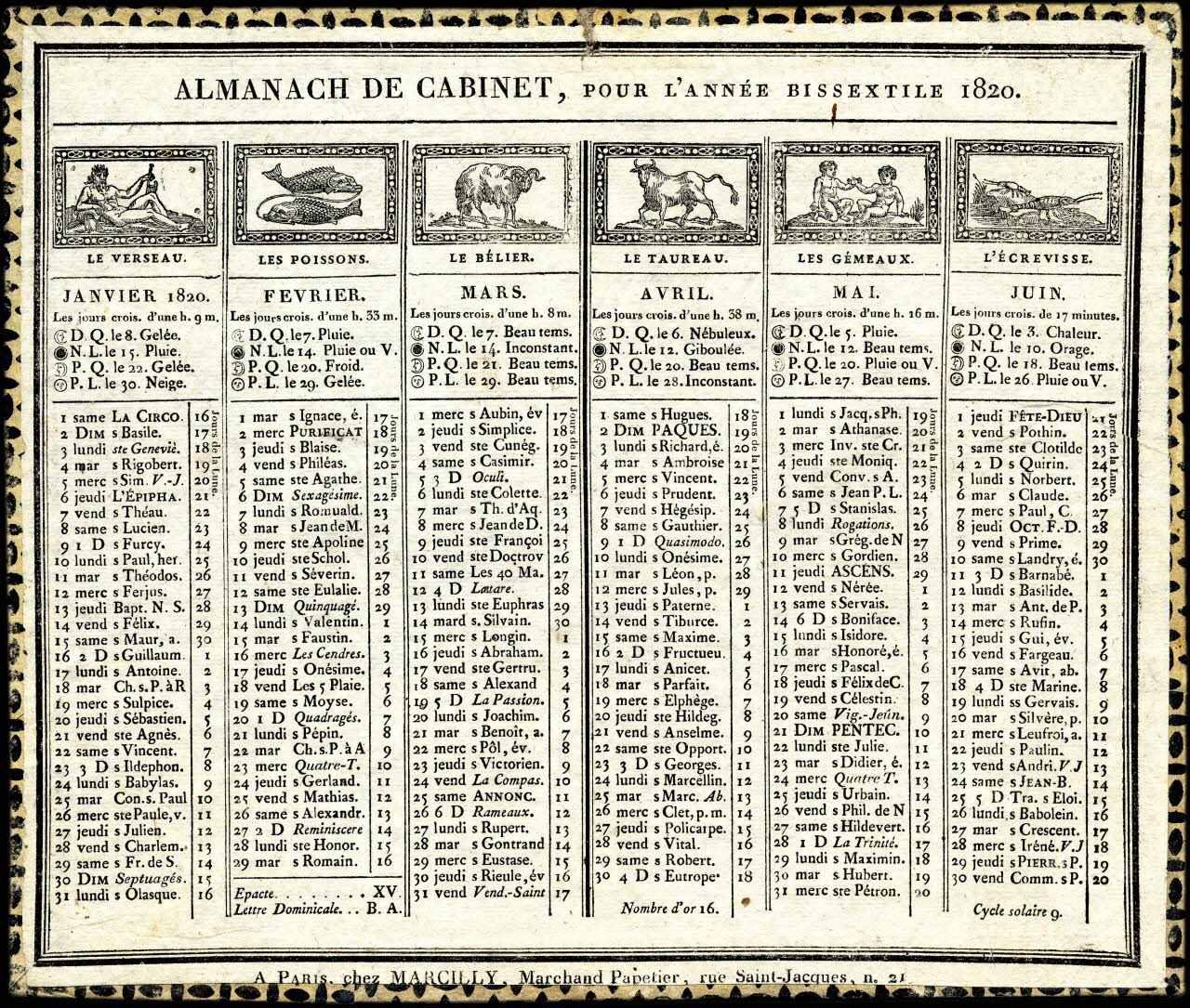 Marcilly imagerie ancienne ALMANACH DE CABINET, POUR L'ANNEE BISSEXTILE 1820. Paris 1819 1993.2.253 Photo