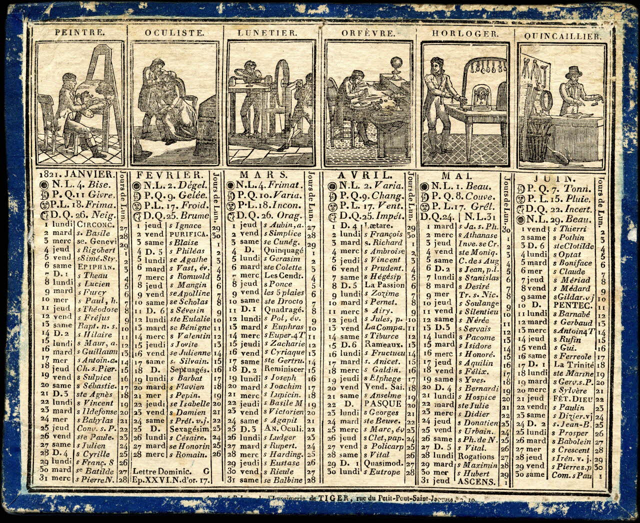 Tiger imagerie ancienne Almanach de cabinet avec petites vignettes représentant des métiers de 1821 Paris 1820 1993.2.254 Photo