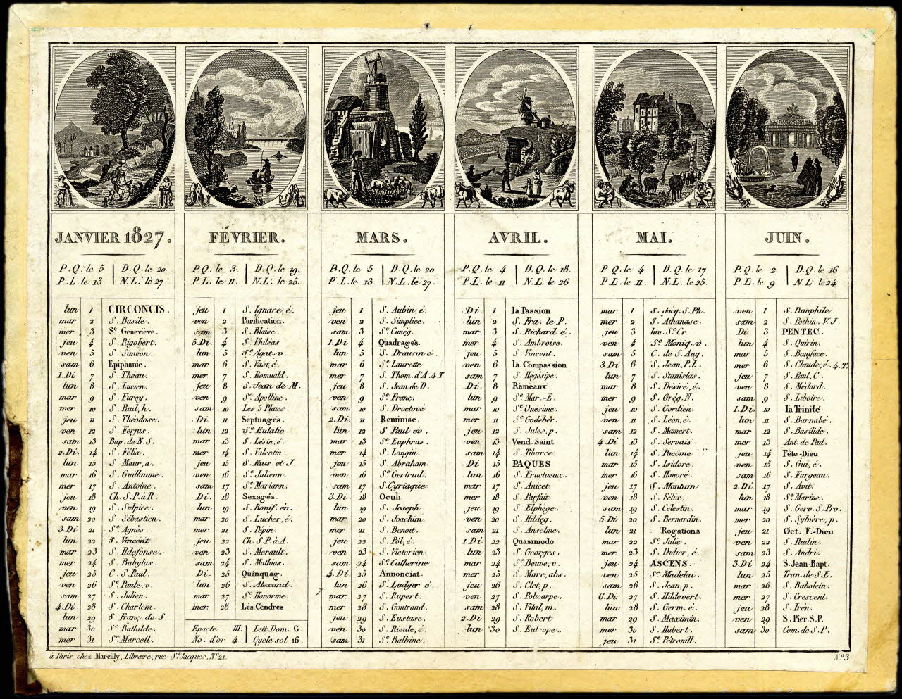 Marcilly imagerie ancienne Almanach de cabinet avec petites scènes romantiques en médaillon de 1827 Paris 1826 1993.2.259 Photo